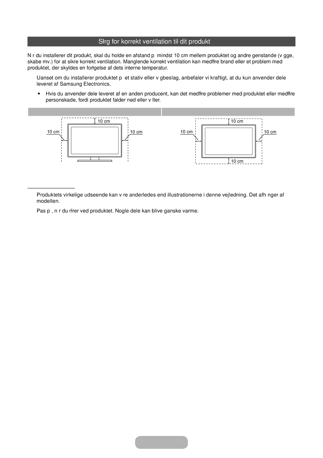 Samsung LT22E390EX/XE, LT24E390EX/XE manual Sørg for korrekt ventilation til dit produkt, Andre advarsler 