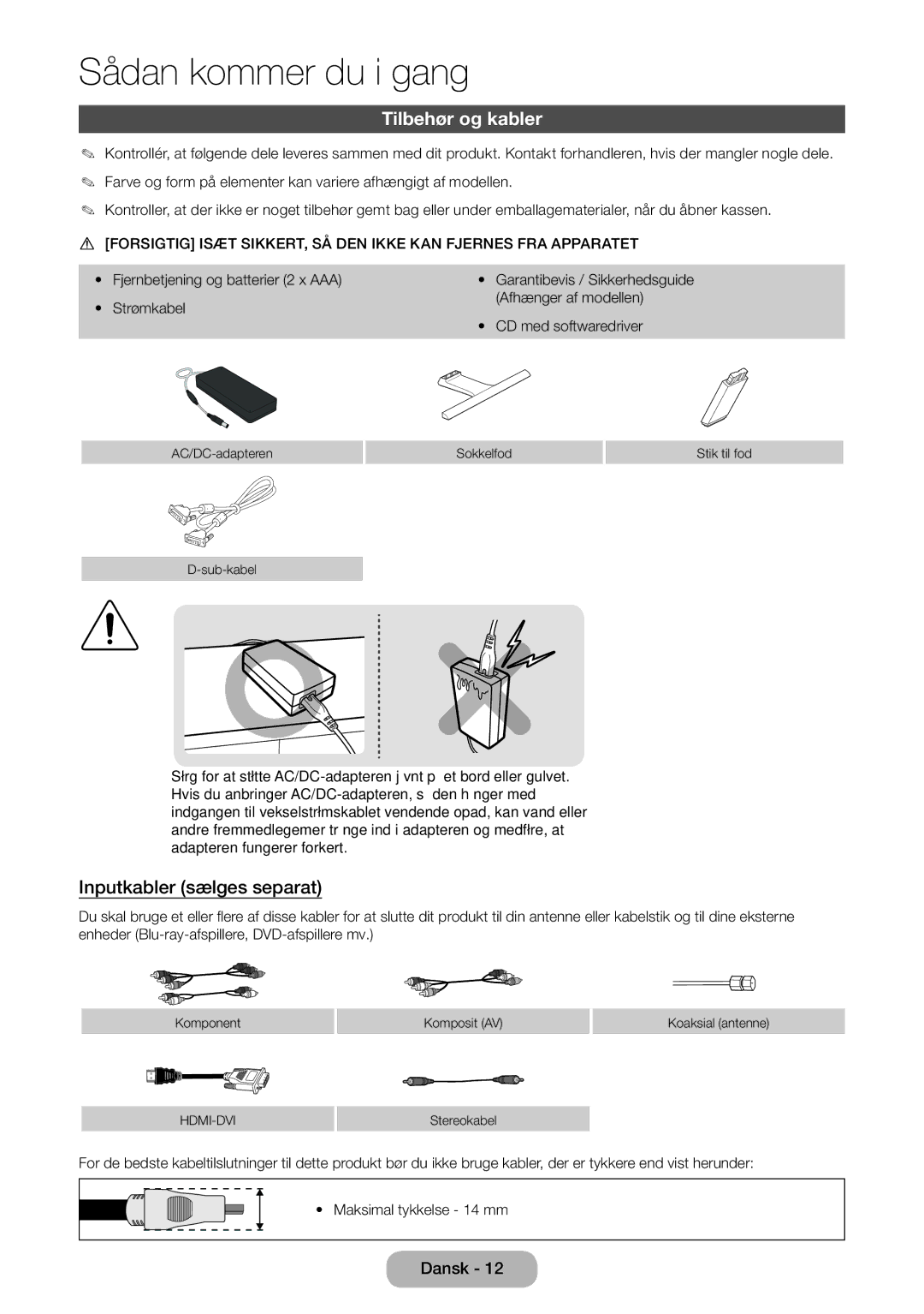 Samsung LT24E390EX/XE, LT22E390EX/XE manual Tilbehør og kabler, Inputkabler sælges separat 