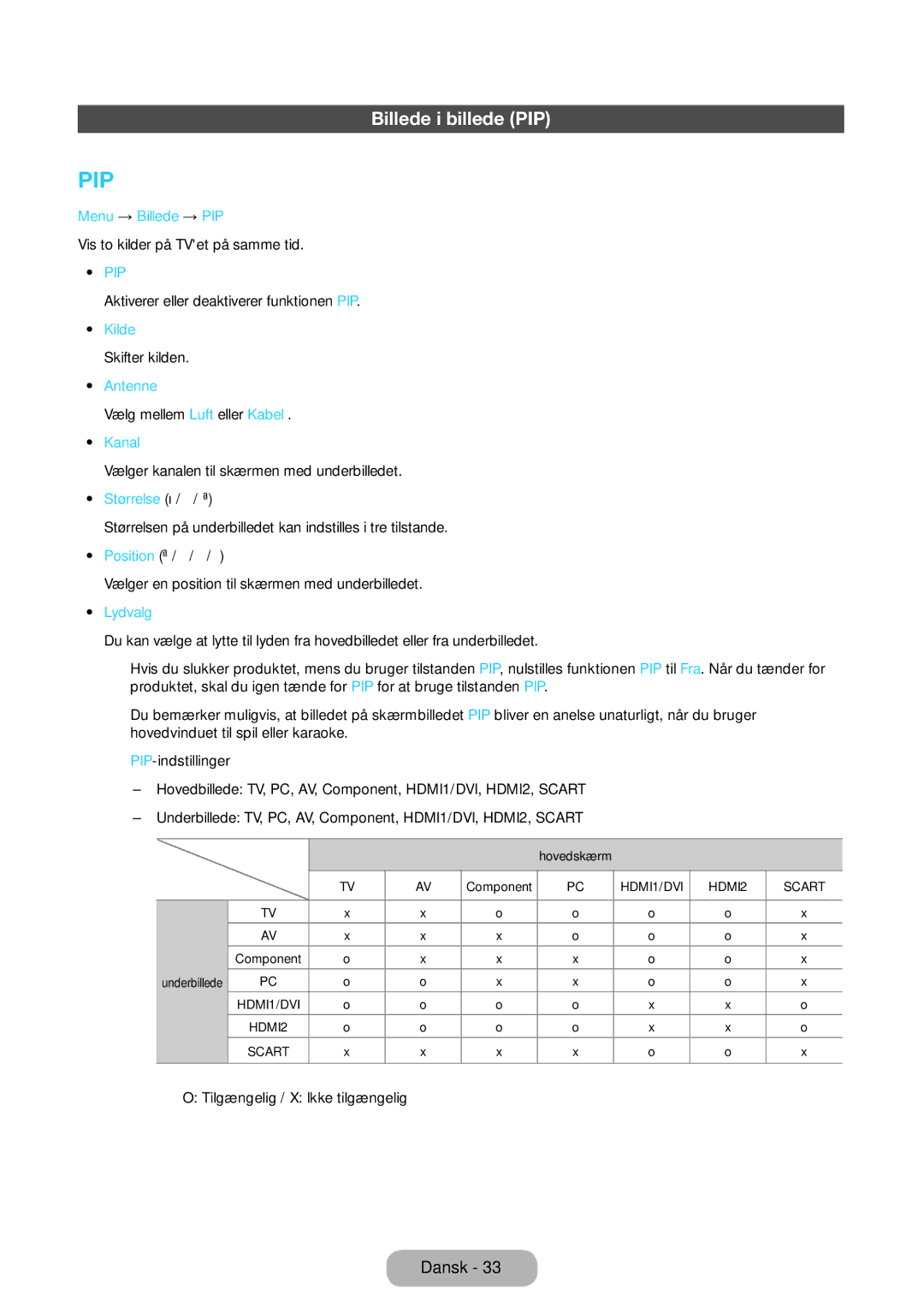 Samsung LT22E390EX/XE, LT24E390EX/XE manual Billede i billede PIP 