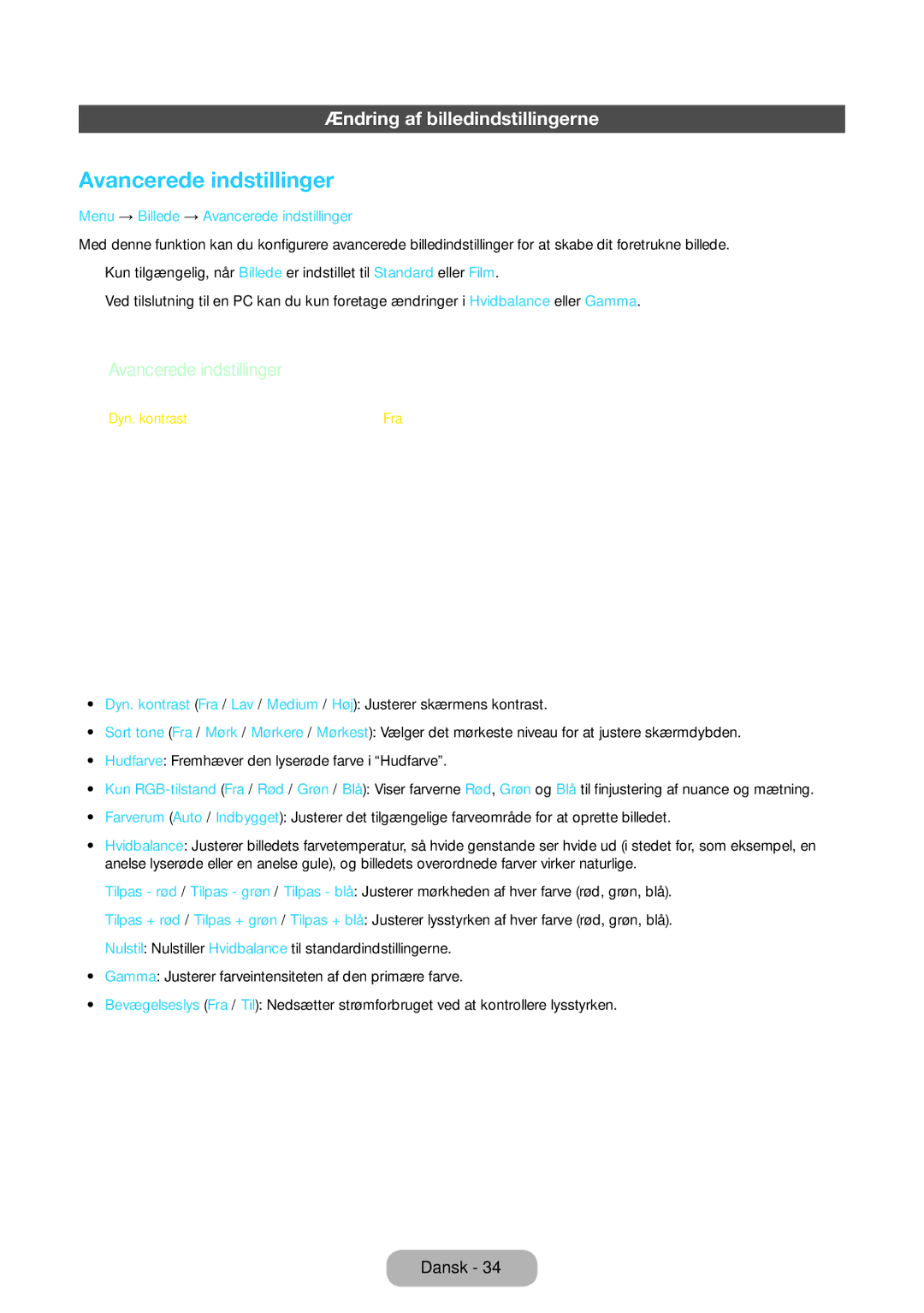 Samsung LT24E390EX/XE, LT22E390EX/XE manual Avancerede indstillinger, Ændring af billedindstillingerne 