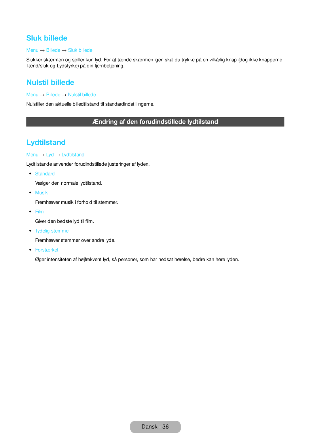 Samsung LT24E390EX/XE manual Sluk billede, Nulstil billede, Lydtilstand, Ændring af den forudindstillede lydtilstand 