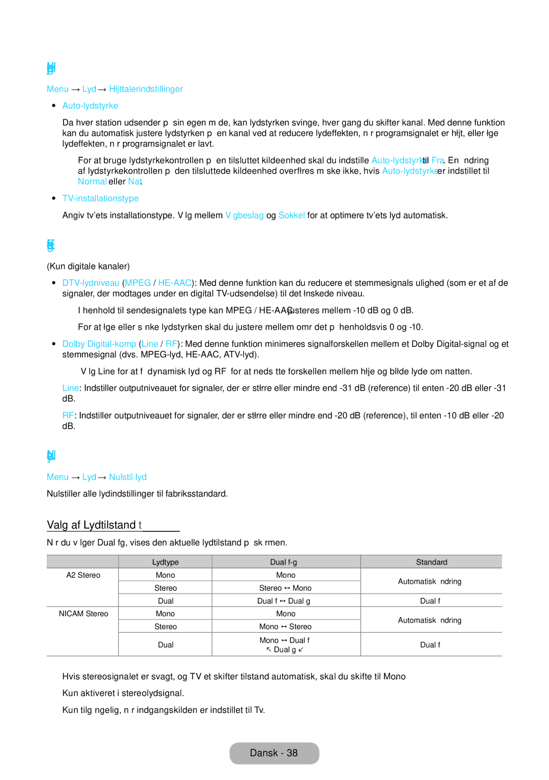 Samsung LT24E390EX/XE, LT22E390EX/XE manual Højttalerindstillinger, Ekstra indstillinger, Nulstil lyd, Valg af Lydtilstand t 