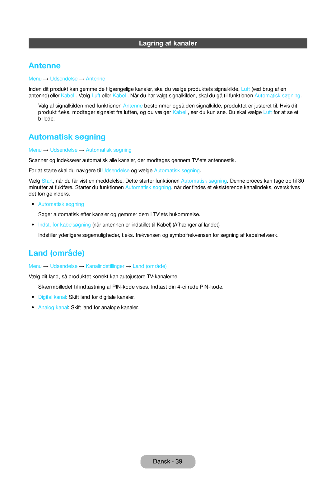 Samsung LT22E390EX/XE, LT24E390EX/XE manual Antenne, Automatisk søgning, Land område, Lagring af kanaler 