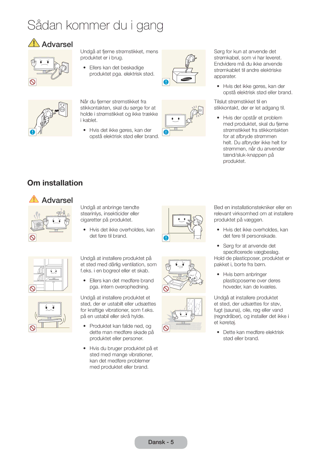 Samsung LT22E390EX/XE, LT24E390EX/XE manual Om installation, Det føre til brand 