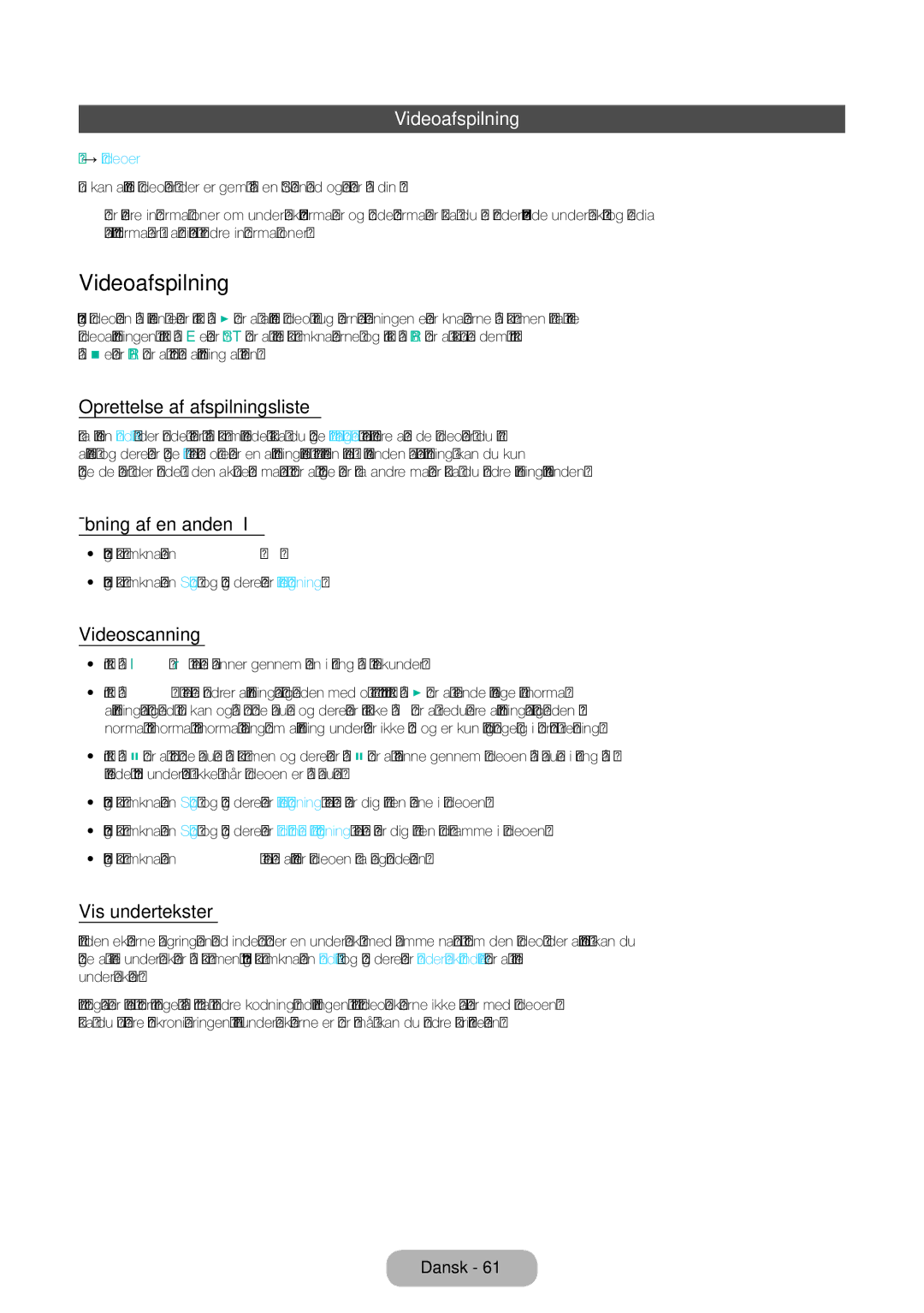 Samsung LT22E390EX/XE, LT24E390EX/XE manual Videoafspilning 