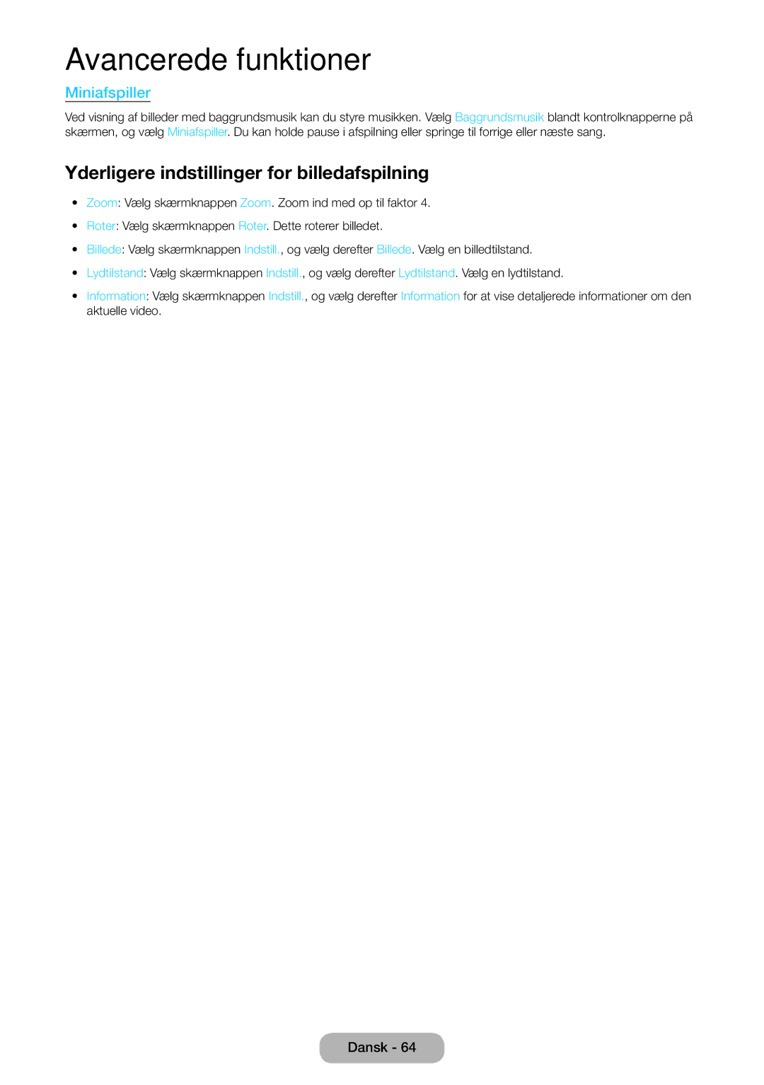 Samsung LT24E390EX/XE, LT22E390EX/XE manual Yderligere indstillinger for billedafspilning, Miniafspiller 