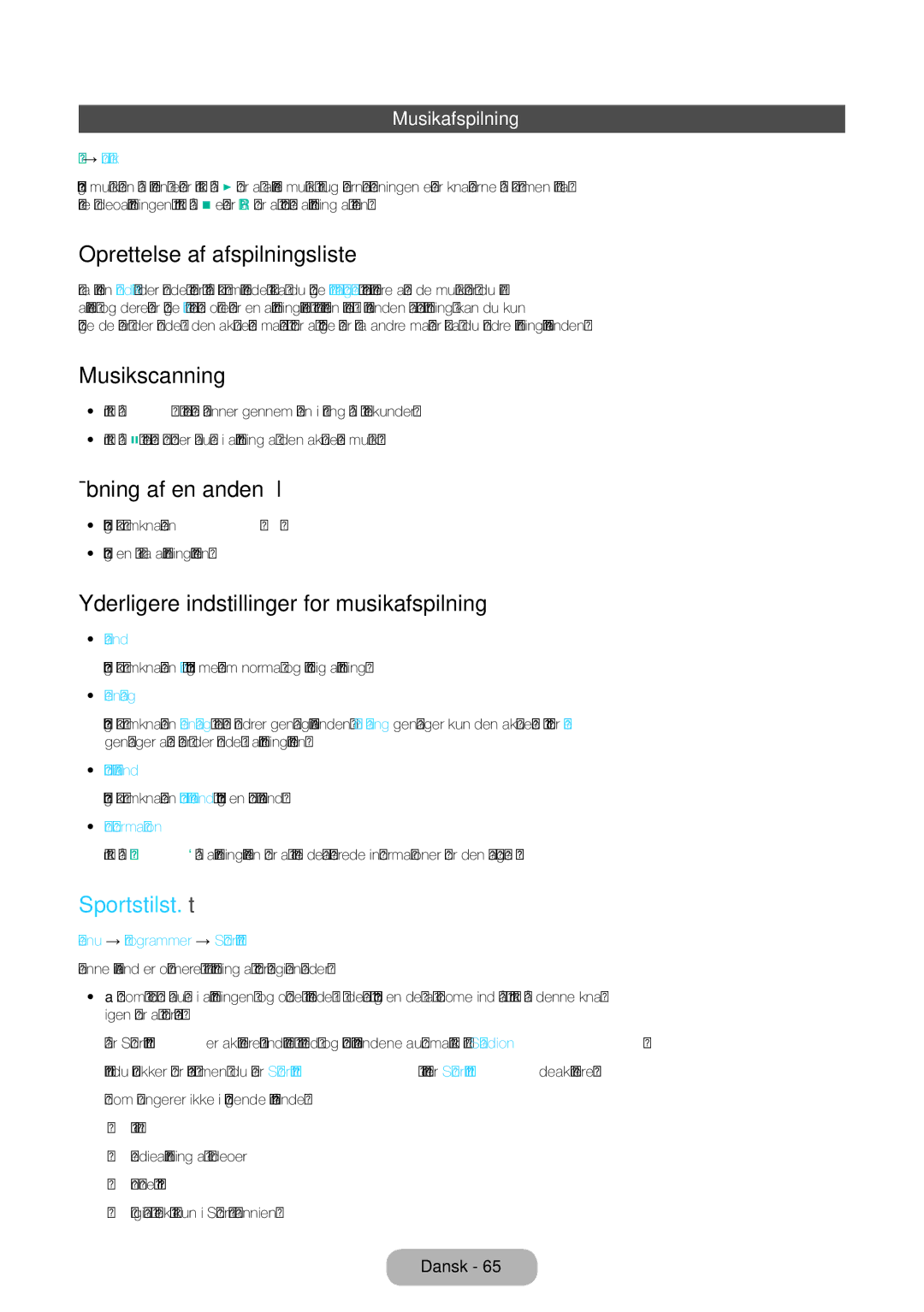 Samsung LT22E390EX/XE manual Musikscanning, Yderligere indstillinger for musikafspilning, Sportstilst. t, Musikafspilning 