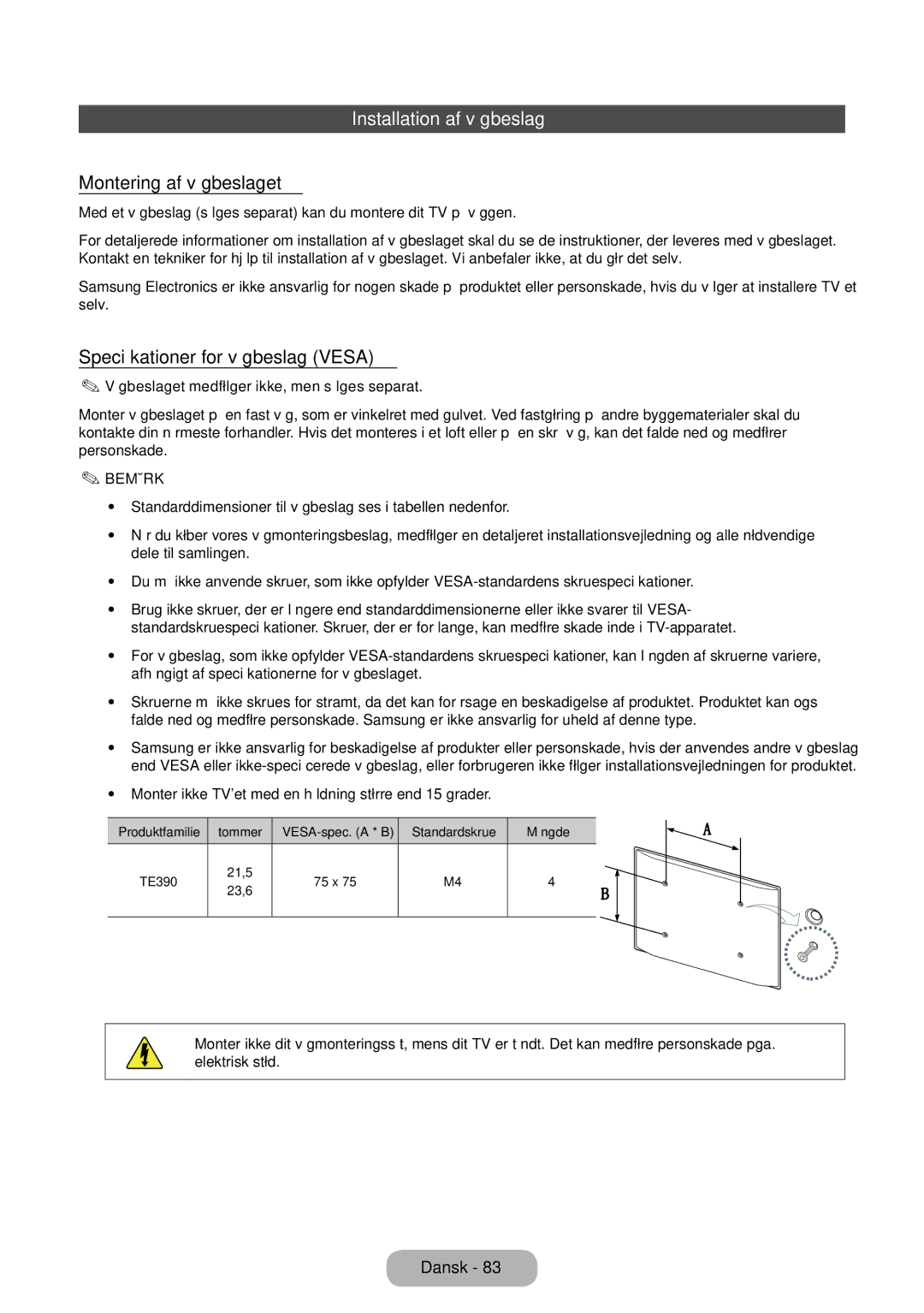 Samsung LT22E390EX/XE manual Installation af vægbeslag, Montering af vægbeslaget, Specifikationer for vægbeslag Vesa 