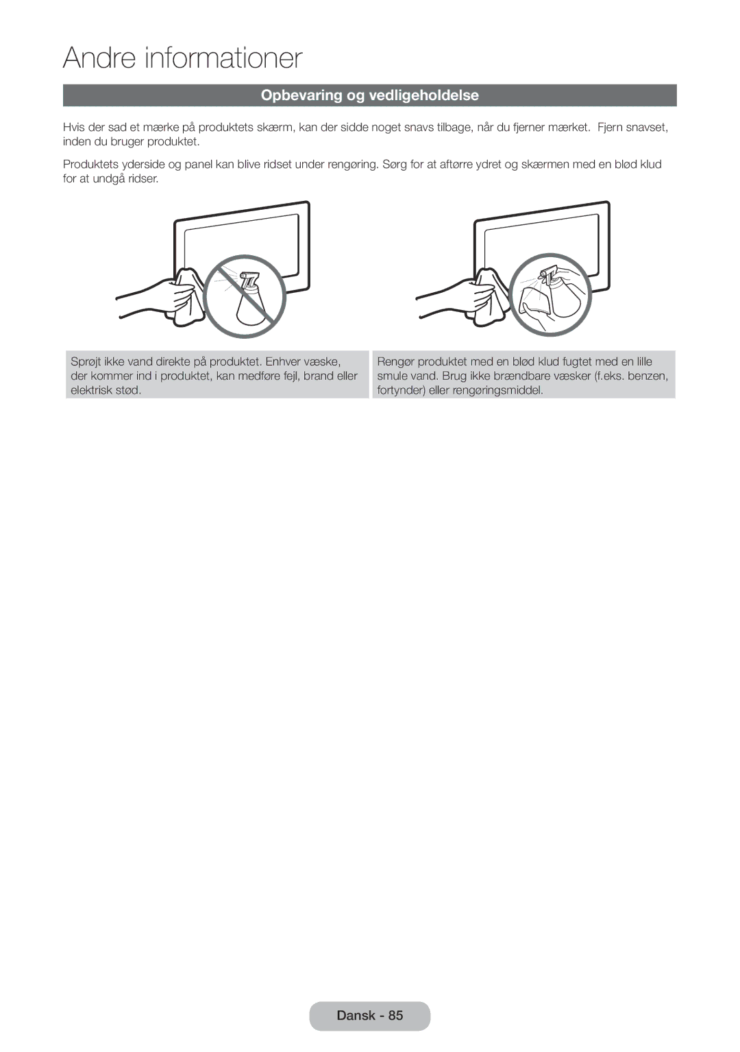 Samsung LT22E390EX/XE, LT24E390EX/XE manual Opbevaring og vedligeholdelse 