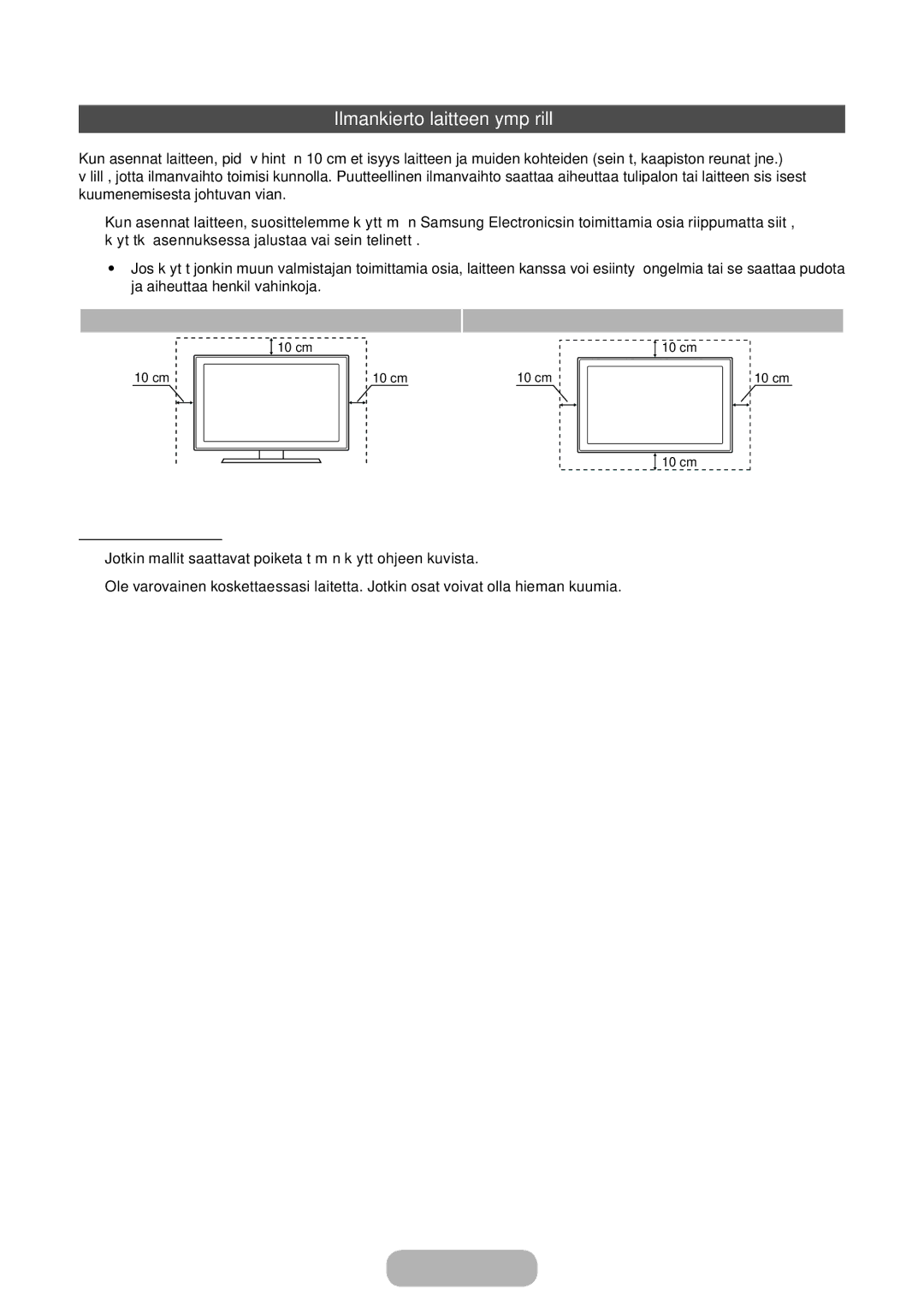 Samsung LT22E390EX/XE, LT24E390EX/XE manual Ilmankierto laitteen ympärillä, Muut varoitukset 