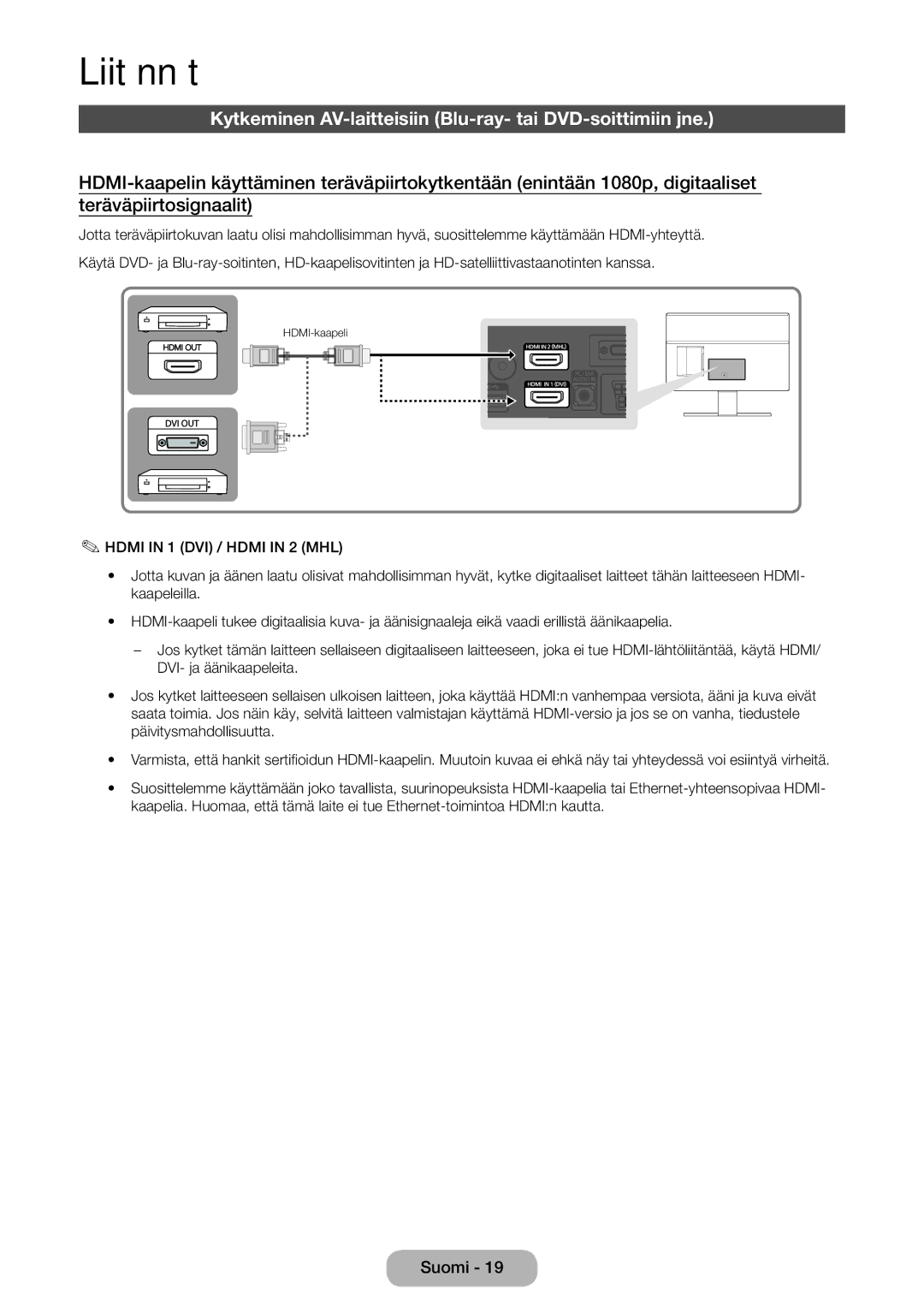 Samsung LT22E390EX/XE, LT24E390EX/XE manual Liitännät, Kytkeminen AV-laitteisiin Blu-ray- tai DVD-soittimiin jne 