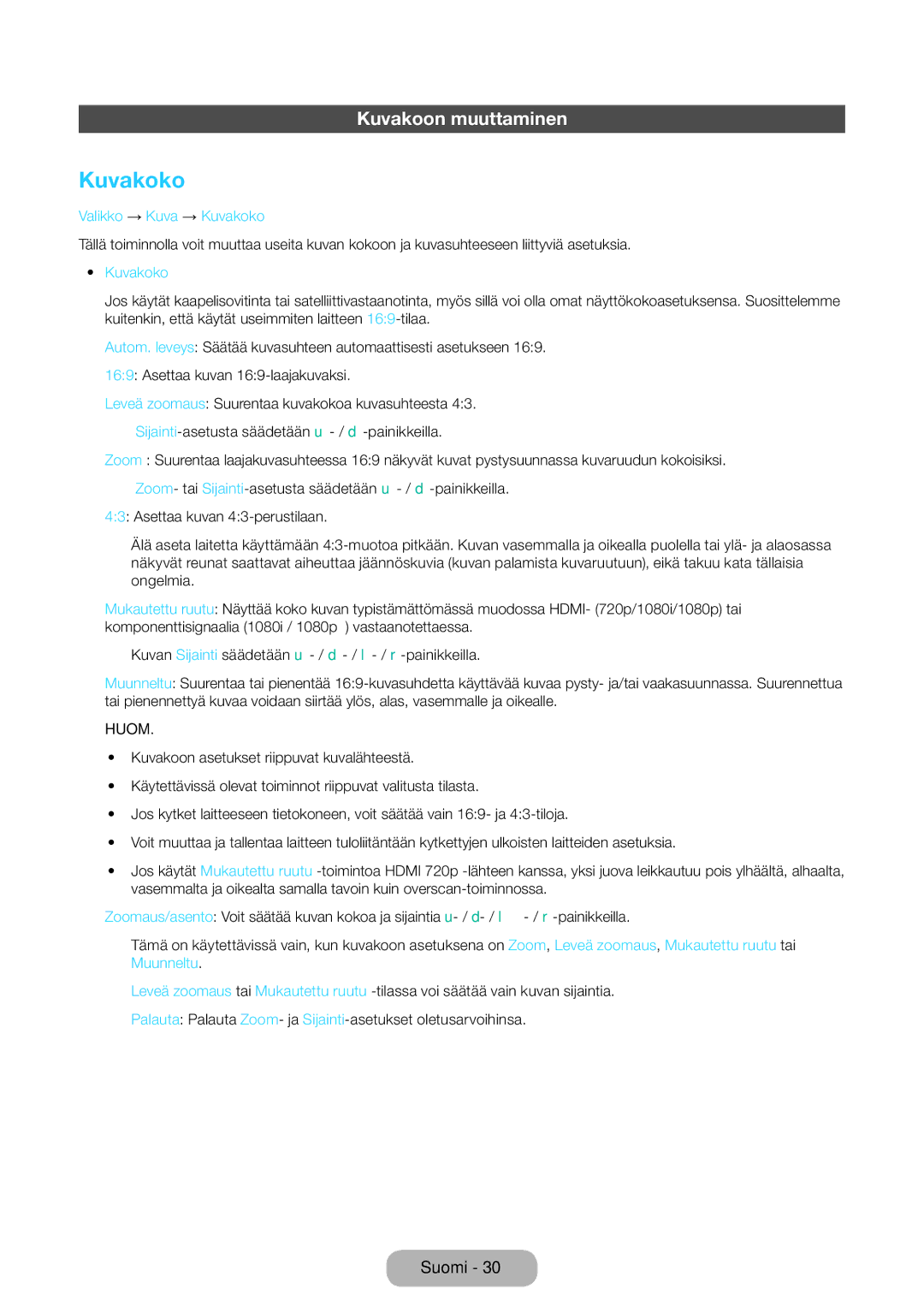 Samsung LT24E390EX/XE, LT22E390EX/XE manual Kuvakoon muuttaminen, Valikko → Kuva → Kuvakoko 