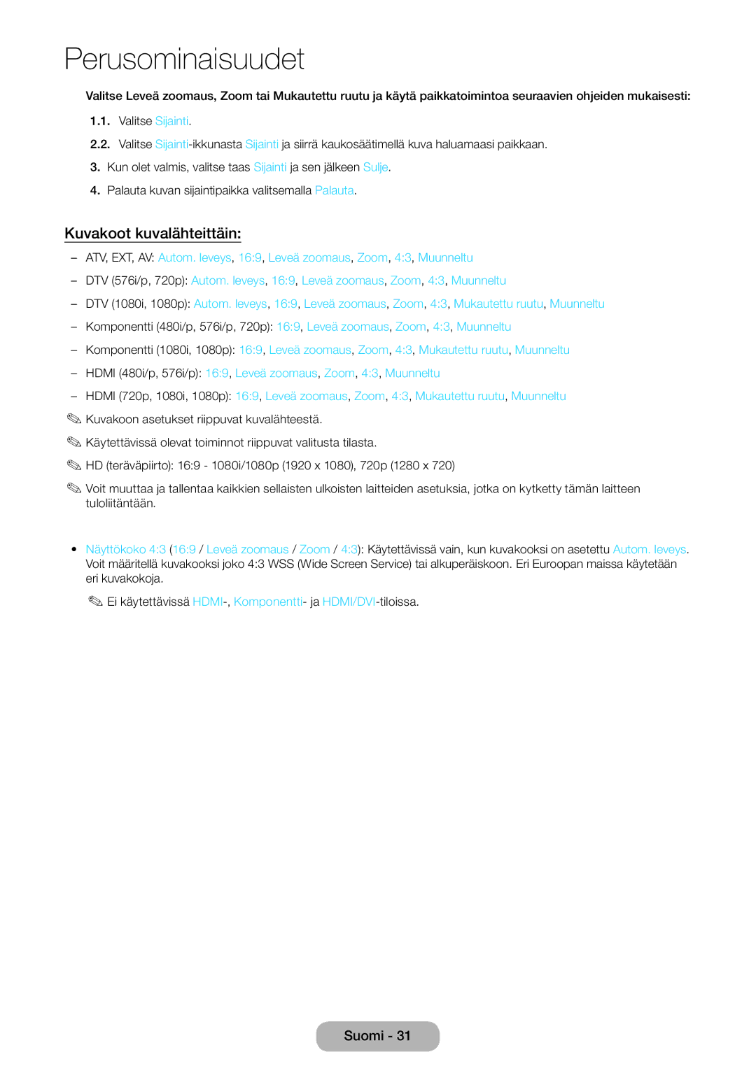 Samsung LT22E390EX/XE, LT24E390EX/XE manual Kuvakoot kuvalähteittäin 