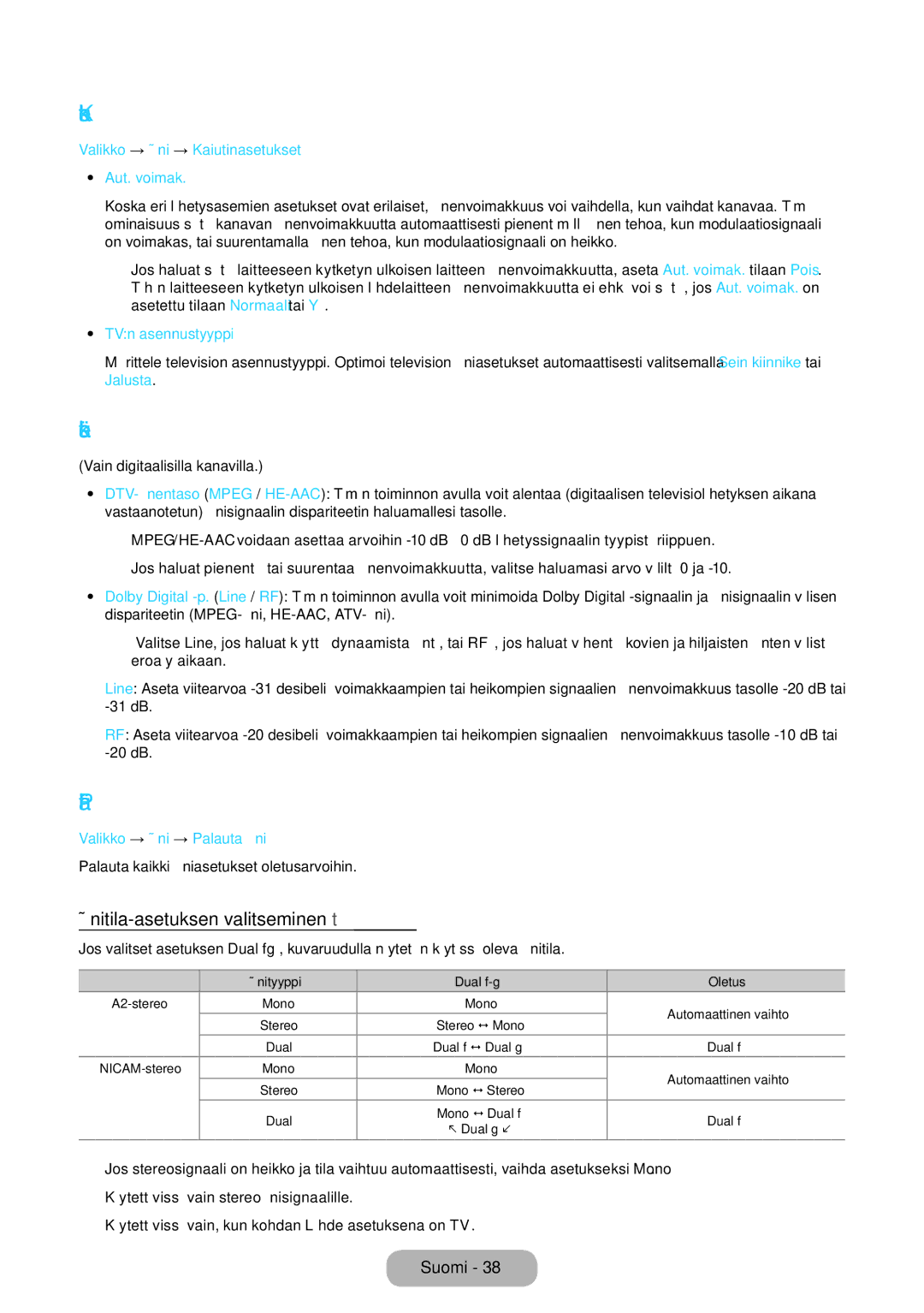 Samsung LT24E390EX/XE, LT22E390EX/XE manual Kaiutinasetukset, Palauta ääni, Äänitila-asetuksen valitseminen t 