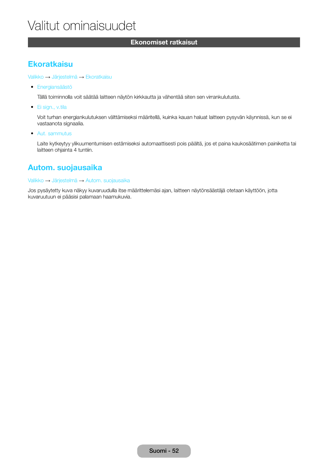 Samsung LT24E390EX/XE, LT22E390EX/XE manual Ekoratkaisu, Autom. suojausaika, Ekonomiset ratkaisut 