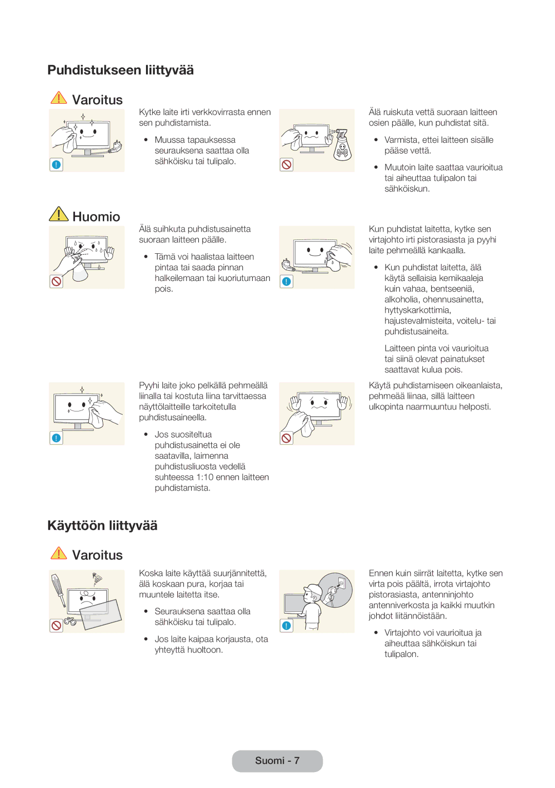 Samsung LT22E390EX/XE, LT24E390EX/XE manual Puhdistukseen liittyvää, Käyttöön liittyvää 