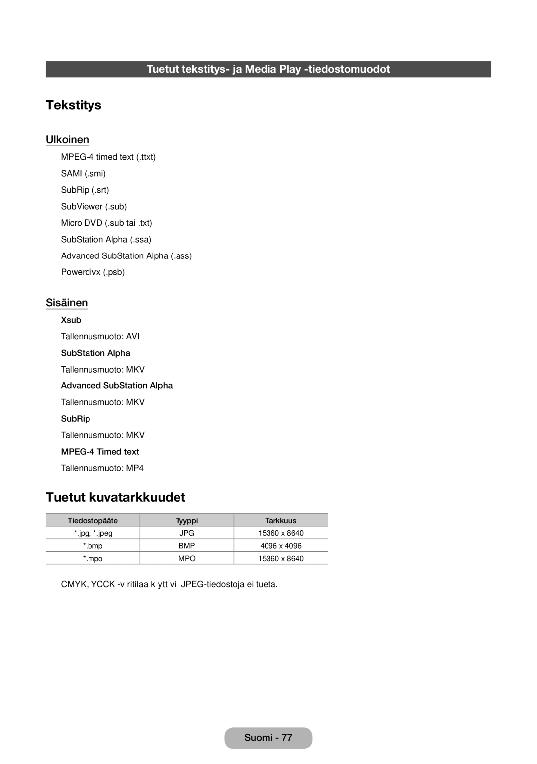 Samsung LT22E390EX/XE manual Tekstitys, Tuetut kuvatarkkuudet, Tuetut tekstitys- ja Media Play -tiedostomuodot, Ulkoinen 