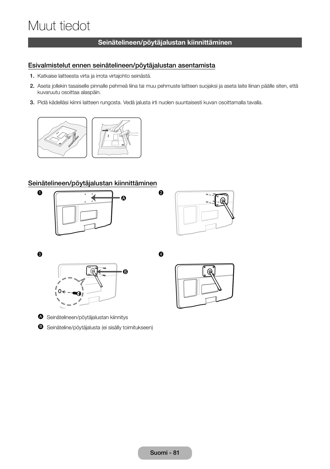 Samsung LT22E390EX/XE, LT24E390EX/XE manual Seinätelineen/pöytäjalustan kiinnittäminen 