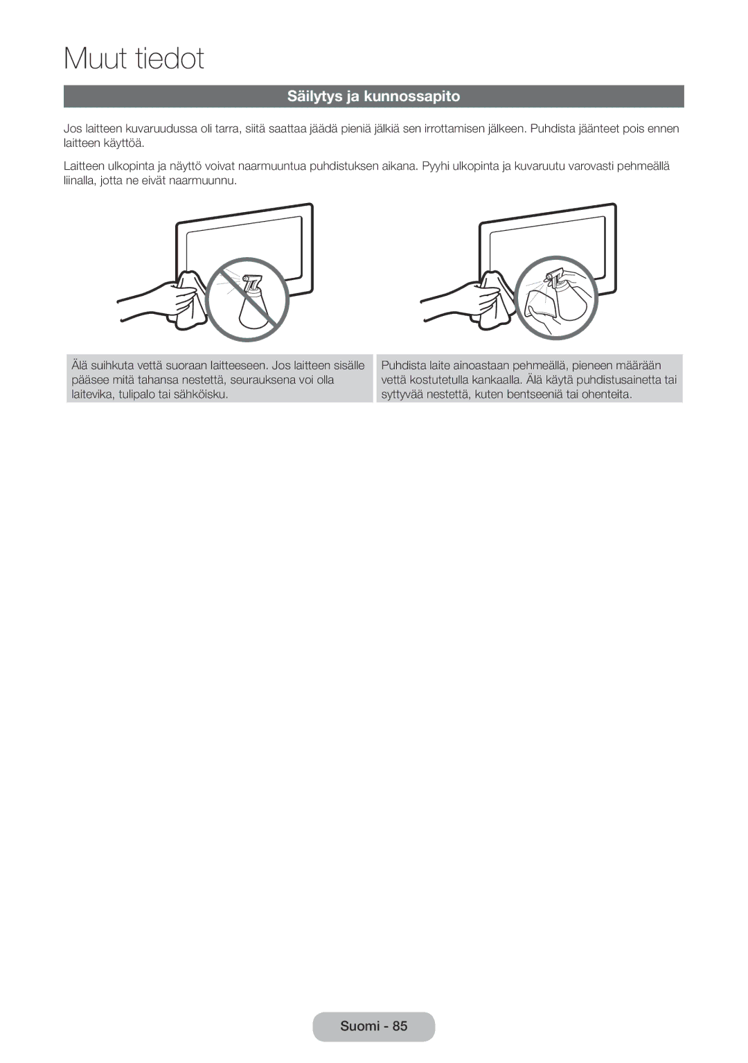 Samsung LT22E390EX/XE, LT24E390EX/XE manual Säilytys ja kunnossapito 