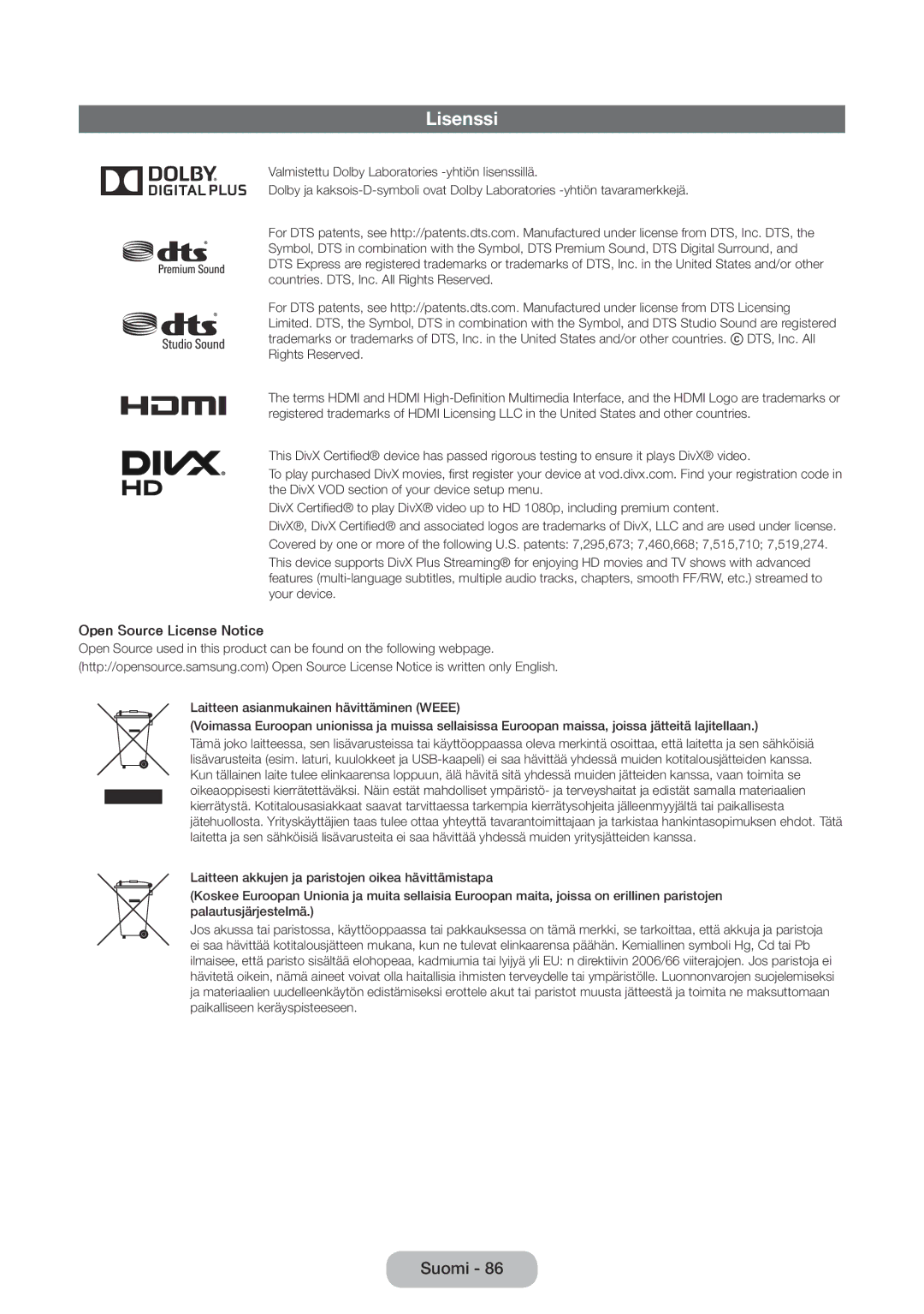 Samsung LT24E390EX/XE, LT22E390EX/XE manual Lisenssi, Open Source License Notice 