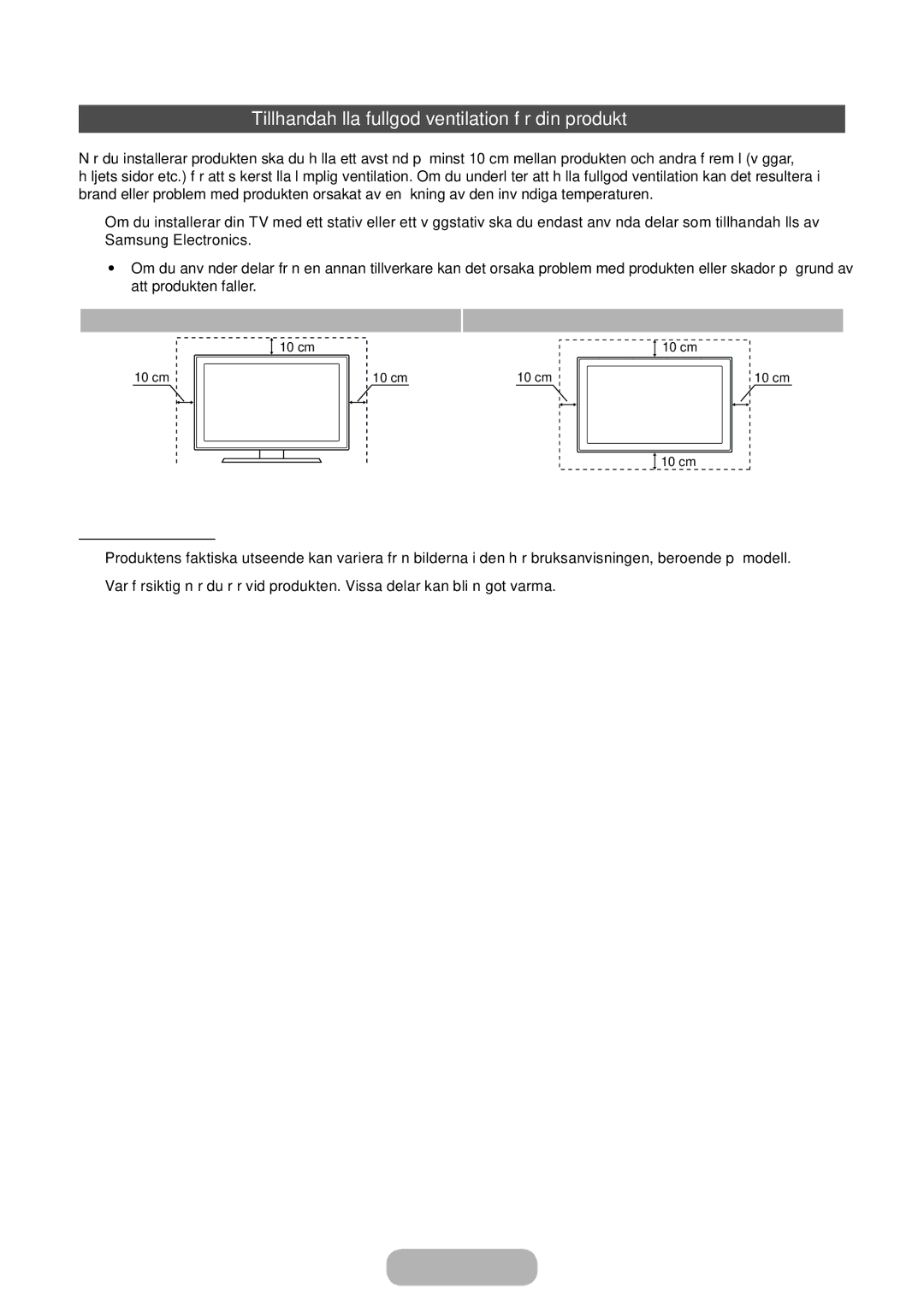 Samsung LT22E390EX/XE, LT24E390EX/XE manual Tillhandahålla fullgod ventilation för din produkt, Andra varningar 