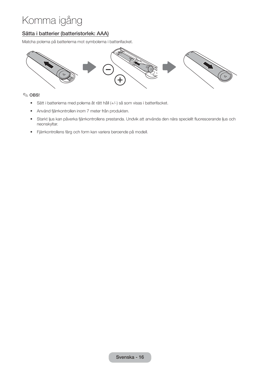 Samsung LT24E390EX/XE, LT22E390EX/XE manual Sätta i batterier batteristorlek AAA 