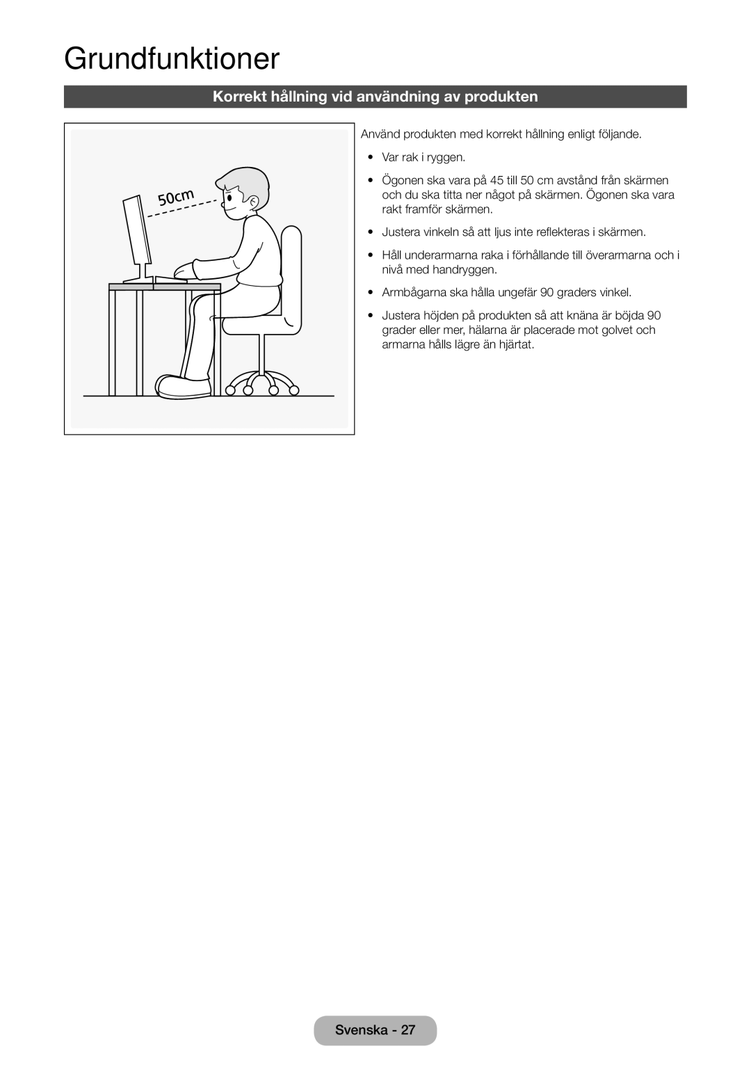 Samsung LT22E390EX/XE, LT24E390EX/XE manual Grundfunktioner, Korrekt hållning vid användning av produkten 