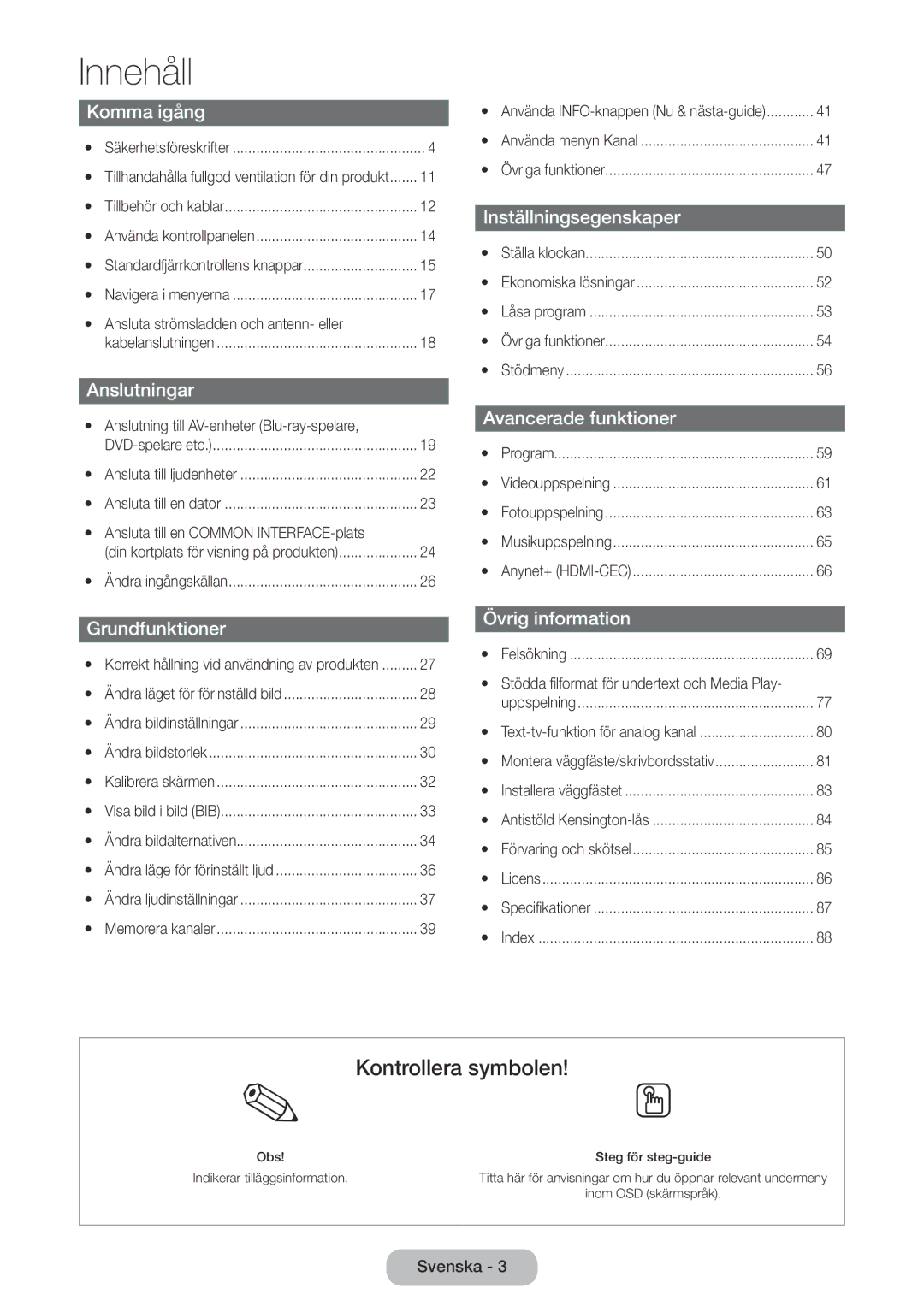 Samsung LT22E390EX/XE manual Yy Ansluta strömsladden och antenn- eller, Yy Anslutning till AV-enheter Blu-ray-spelare 