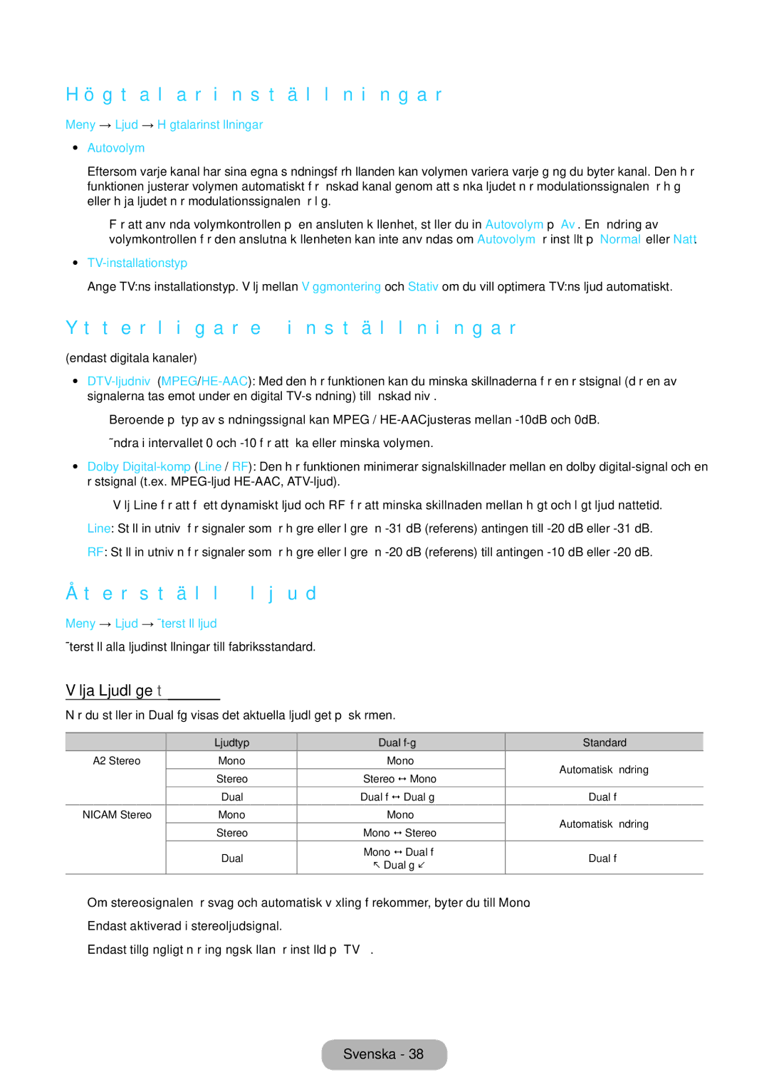 Samsung LT24E390EX/XE, LT22E390EX/XE Högtalarinställningar, Ytterligare inställningar, Återställ ljud, Välja Ljudläge t 