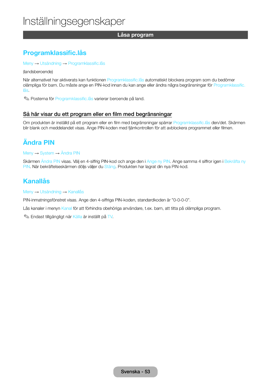 Samsung LT22E390EX/XE, LT24E390EX/XE manual Programklassific.lås, Ändra PIN, Kanallås, Låsa program 