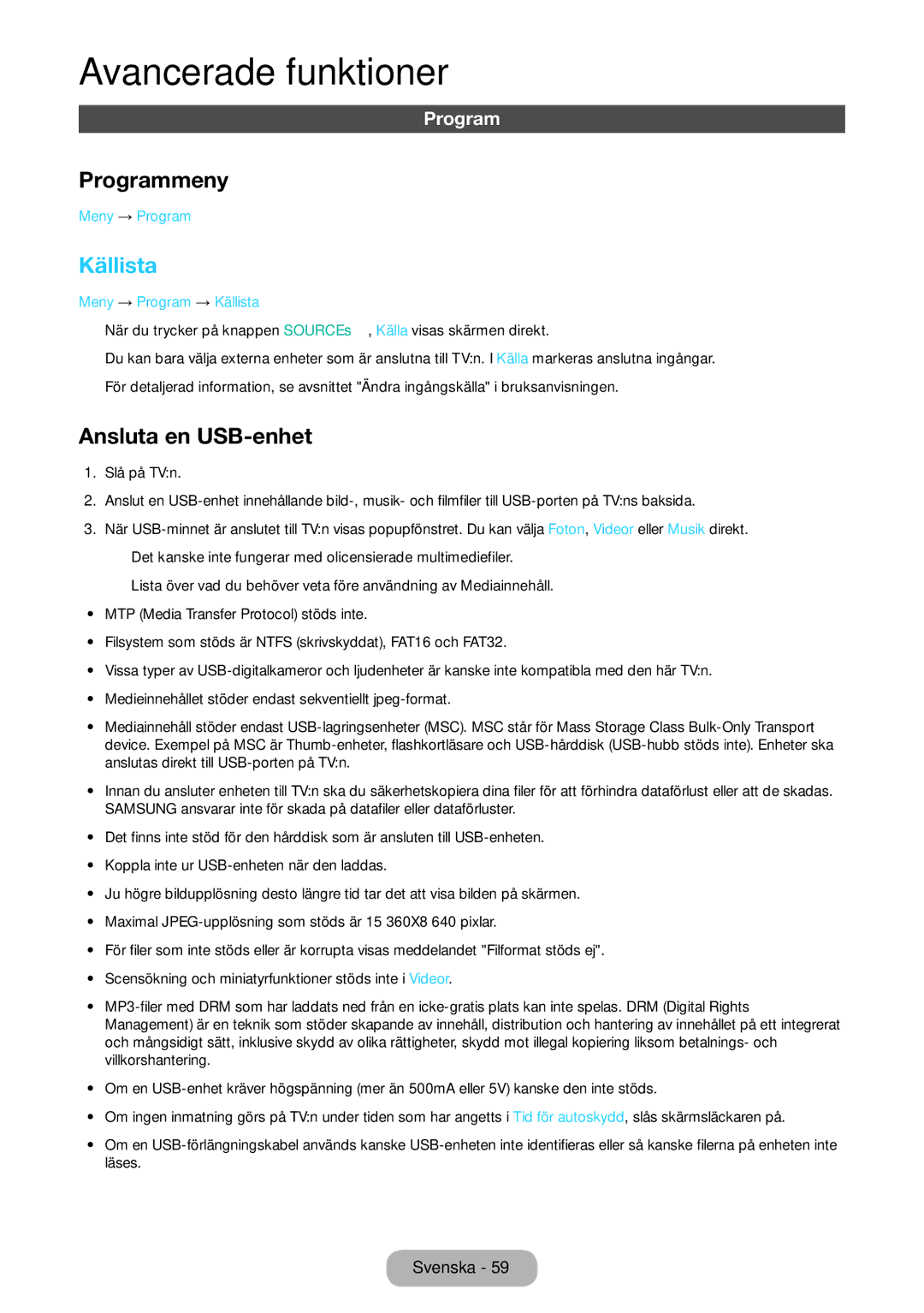 Samsung LT22E390EX/XE, LT24E390EX/XE manual Programmeny, Källista, Ansluta en USB-enhet 