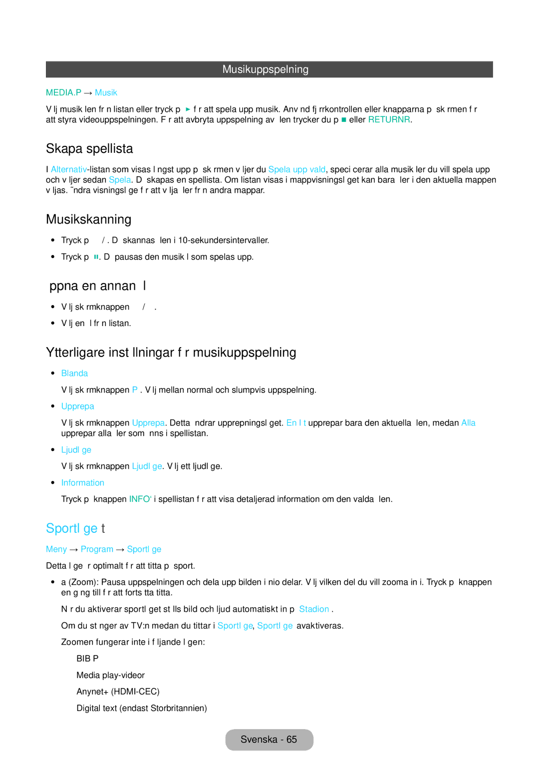 Samsung LT22E390EX/XE manual Musikskanning, Ytterligare inställningar för musikuppspelning, Sportläge t, Musikuppspelning 