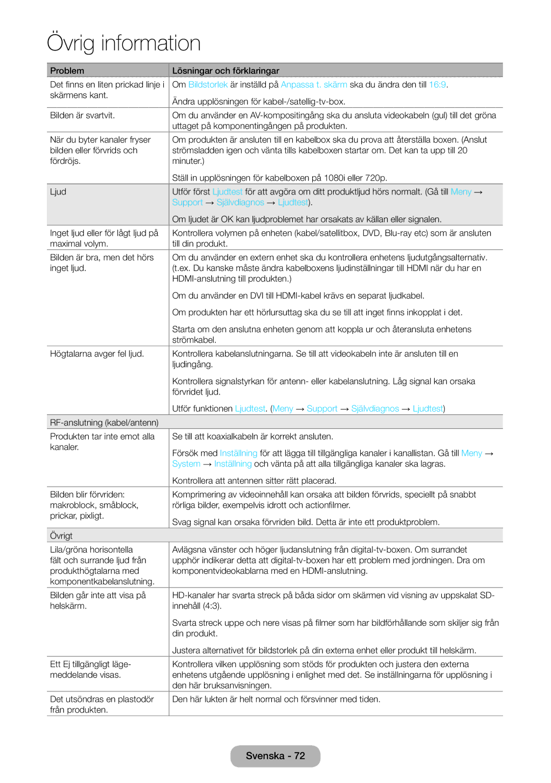 Samsung LT24E390EX/XE, LT22E390EX/XE manual Support → Självdiagnos → Ljudtest 