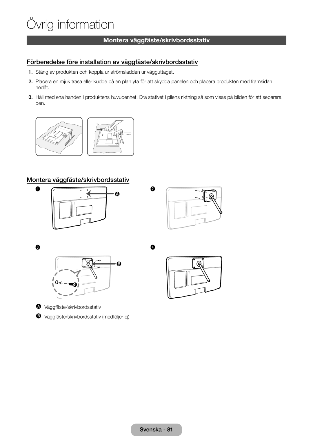 Samsung LT22E390EX/XE, LT24E390EX/XE manual Montera väggfäste/skrivbordsstativ 