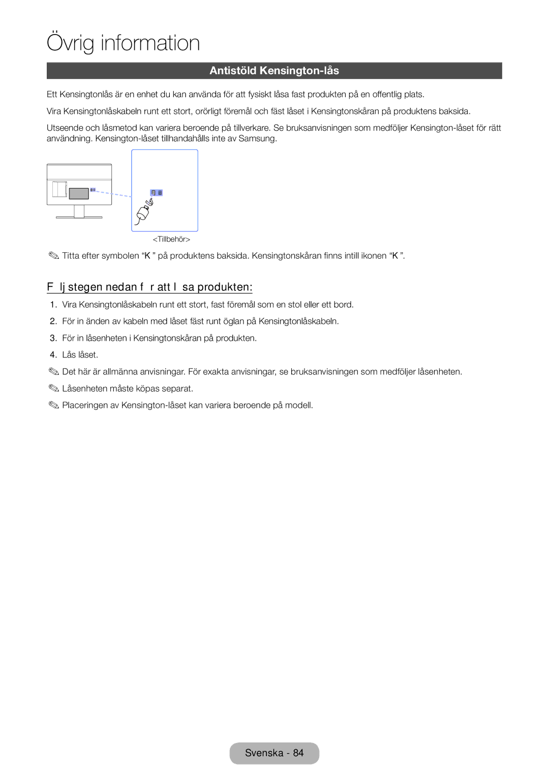 Samsung LT24E390EX/XE, LT22E390EX/XE manual Antistöld Kensington-lås, Följ stegen nedan för att låsa produkten 