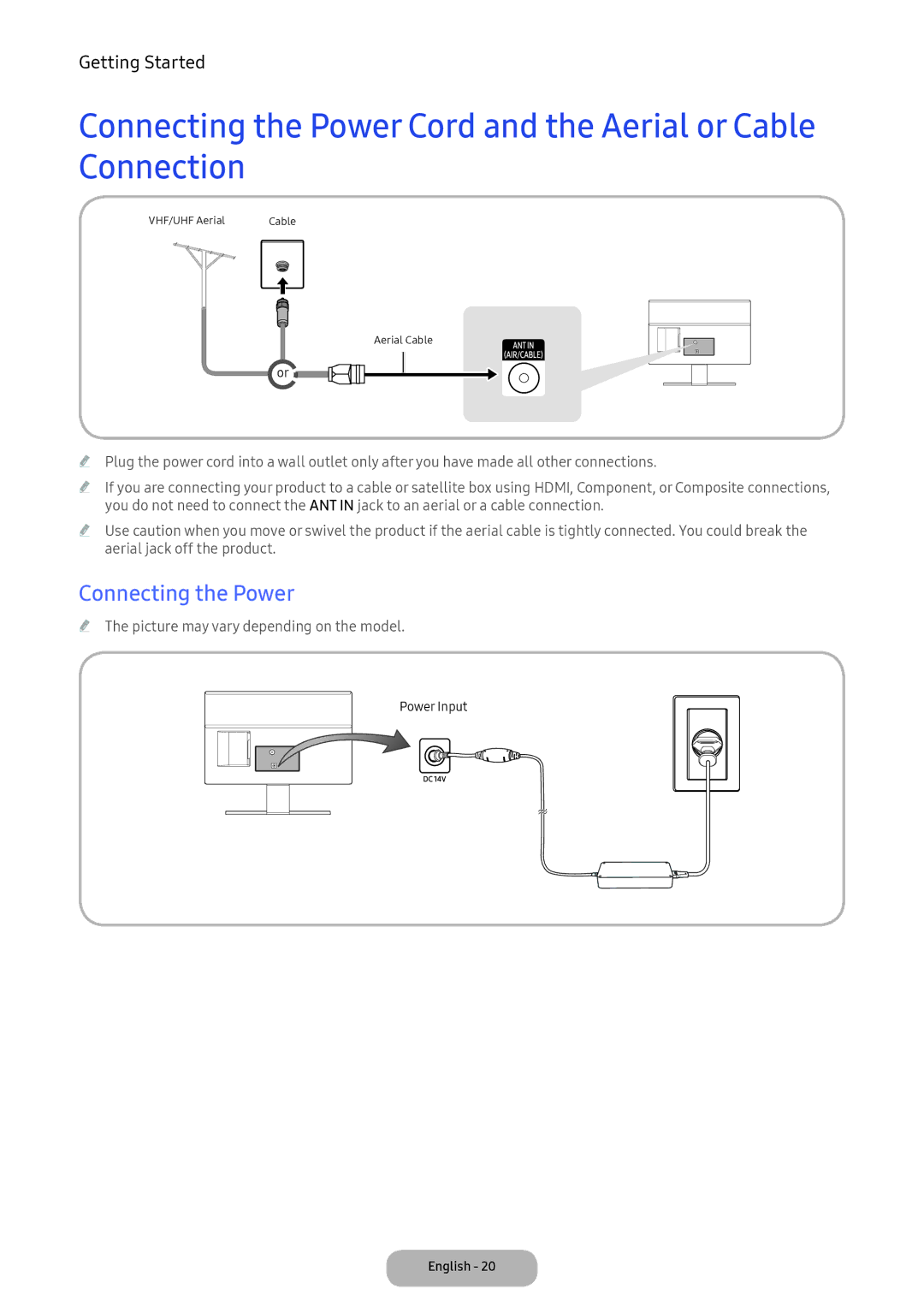 Samsung LT24E390EX/XE manual Connecting the Power, Picture may vary depending on the model 