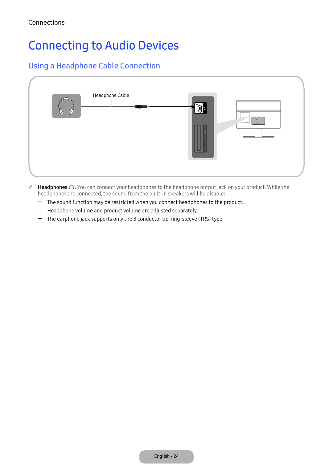 Samsung LT24E390EX/XE manual Connecting to Audio Devices, Using a Headphone Cable Connection 