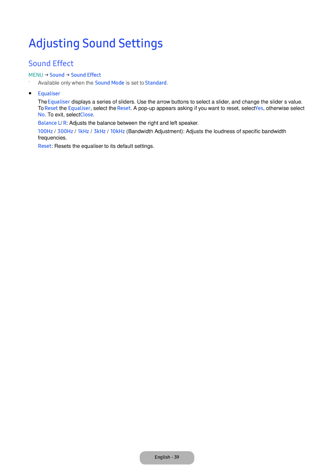 Samsung LT24E390EX/XE manual Adjusting Sound Settings, Menu → Sound → Sound Effect, Equaliser 