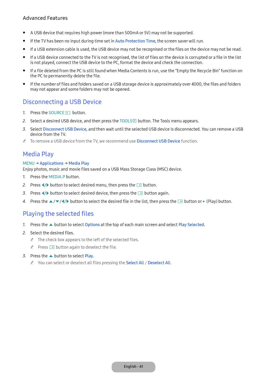 Samsung LT24E390EX/XE manual Disconnecting a USB Device, Playing the selected files, Menu → Applications → Media Play 