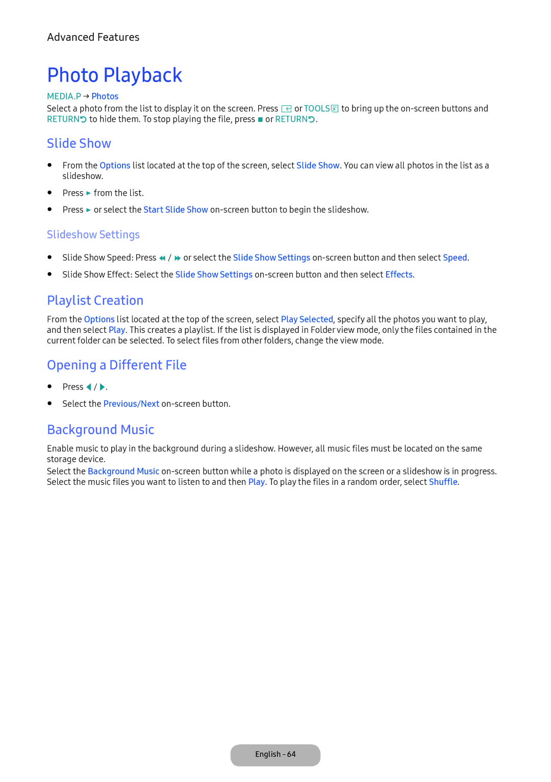 Samsung LT24E390EX/XE manual Photo Playback, Slide Show, Playlist Creation, Opening a Different File, Background Music 
