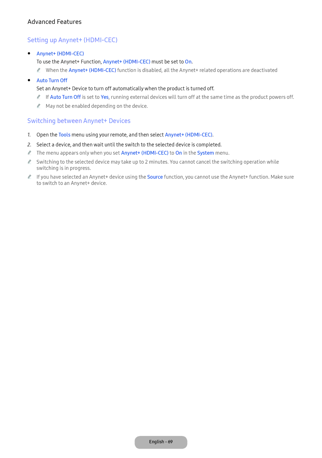 Samsung LT24E390EX/XE manual Setting up Anynet+ HDMI-CEC, Switching between Anynet+ Devices, Auto Turn Off 