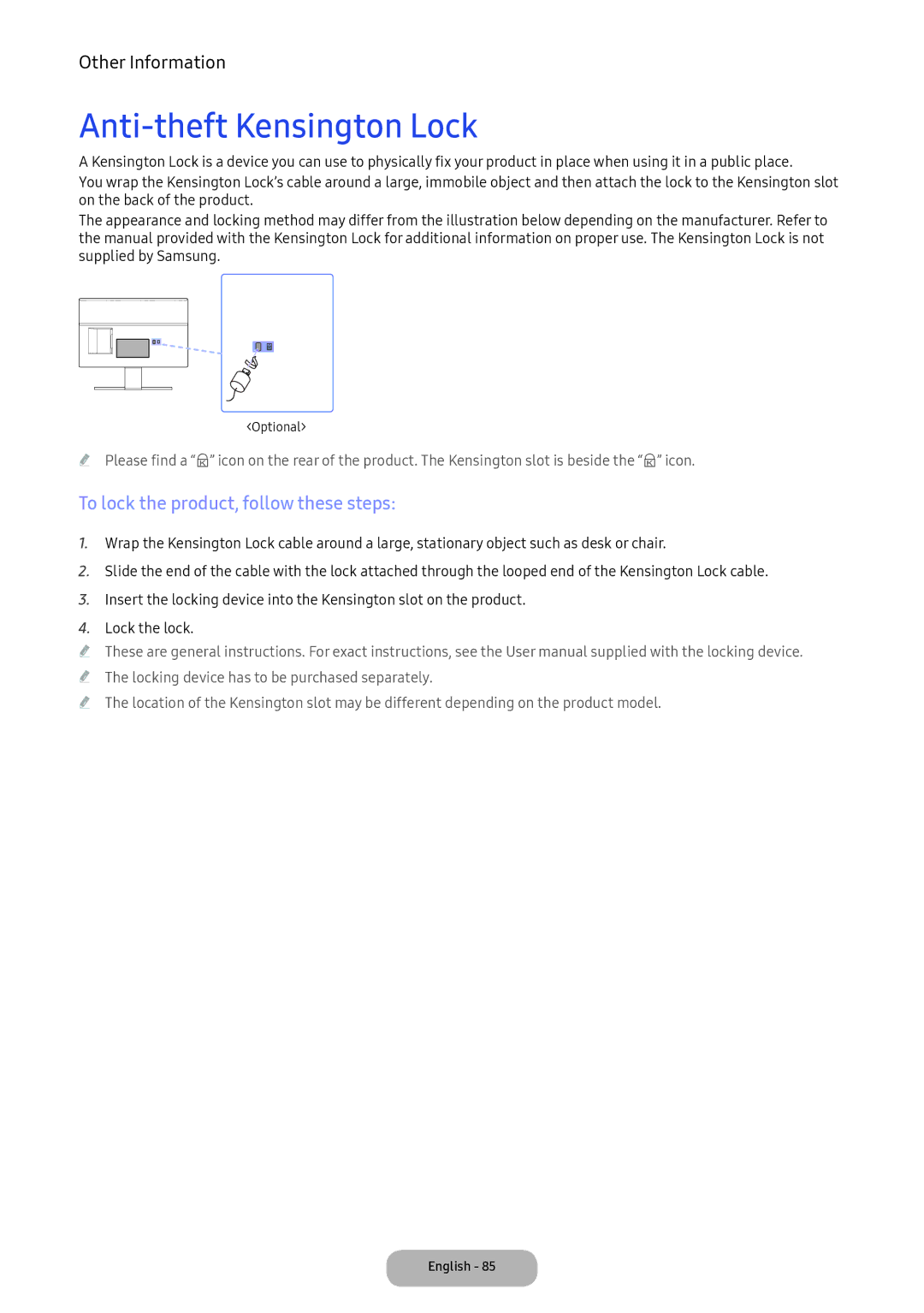 Samsung LT24E390EX/XE manual Anti-theft Kensington Lock, To lock the product, follow these steps 