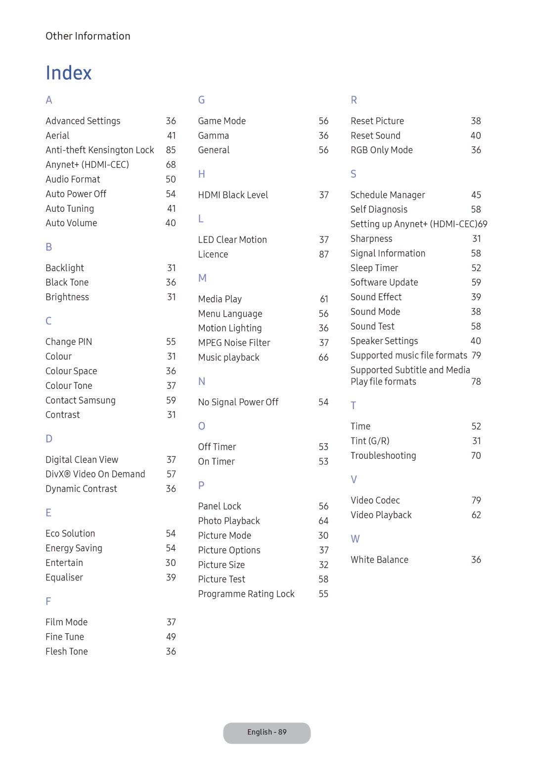 Samsung LT24E390EX/XE manual Index 