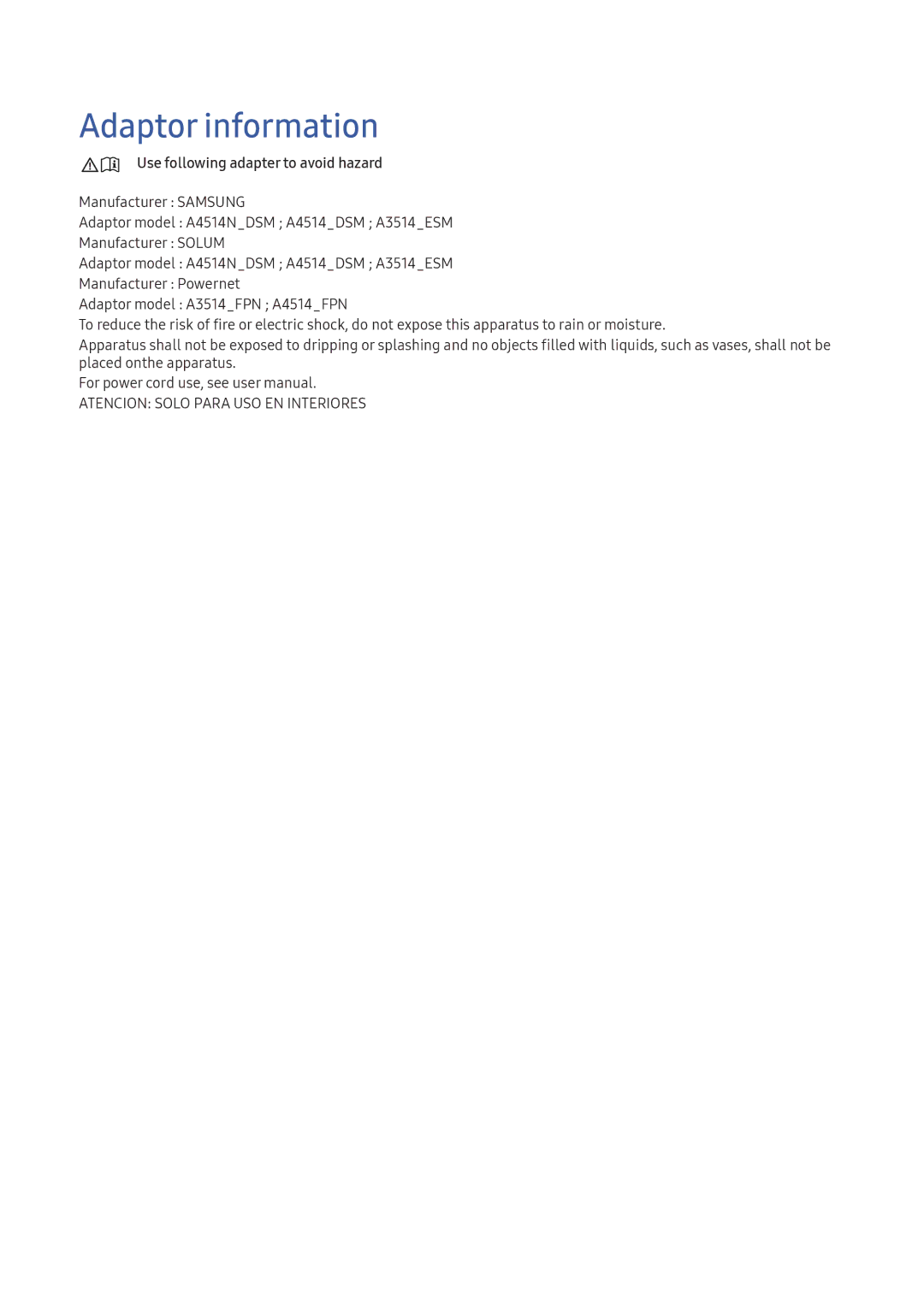 Samsung LT24E390EX/XE manual Adaptor information, Use following adapter to avoid hazard 