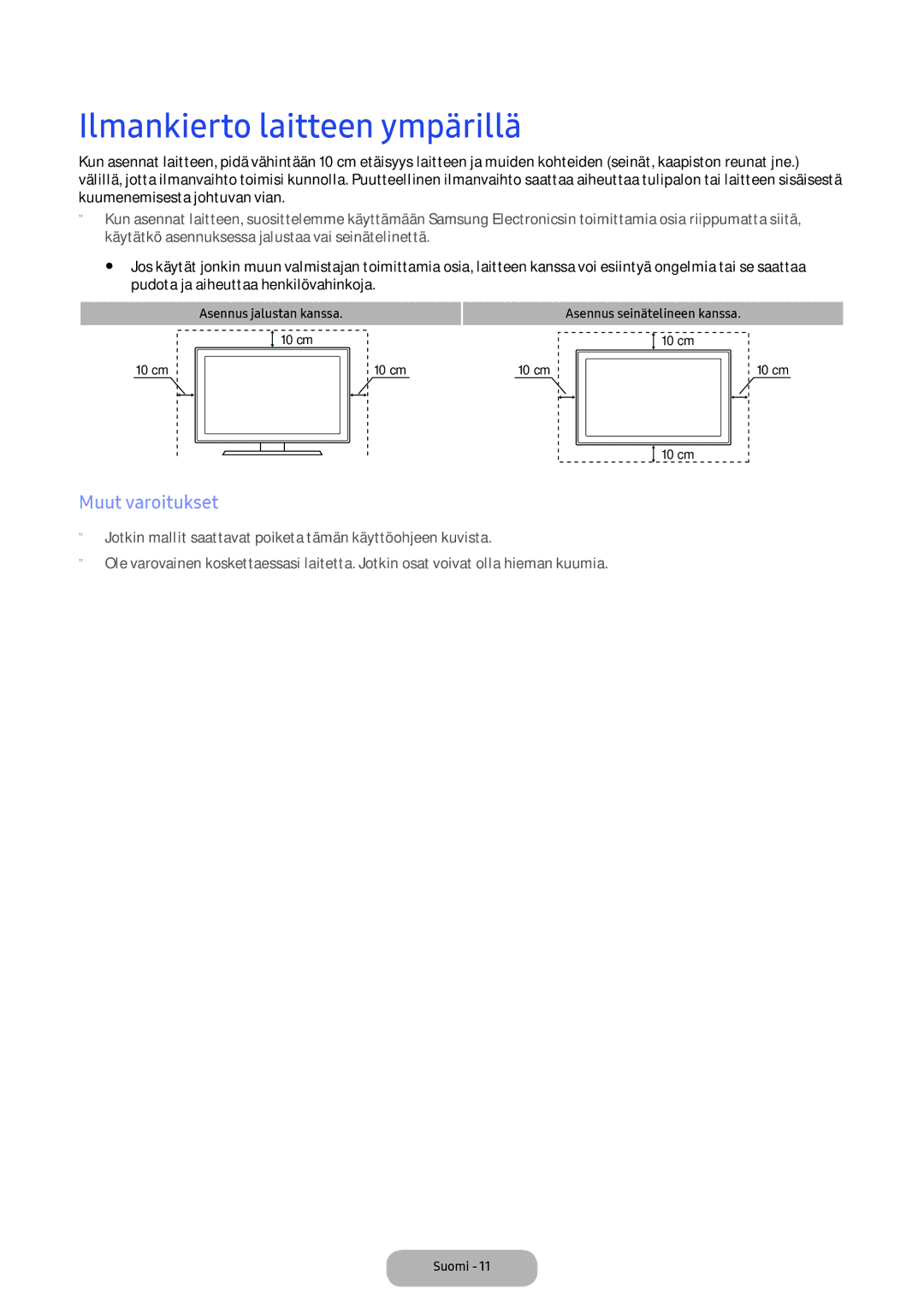 Samsung LT24E390EX/XE manual Ilmankierto laitteen ympärillä, Muut varoitukset 