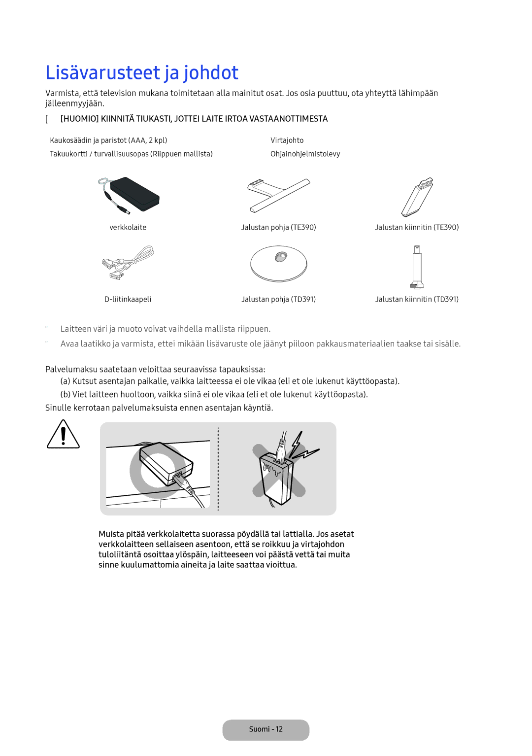 Samsung LT24E390EX/XE manual Lisävarusteet ja johdot 