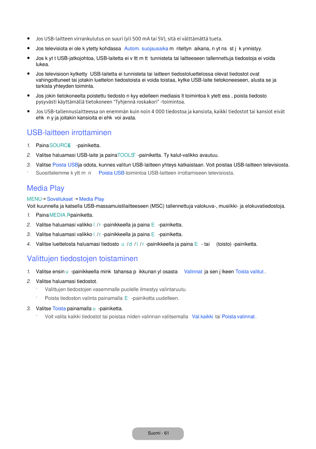 Samsung LT24E390EX/XE manual USB-laitteen irrottaminen, Media Play, Valittujen tiedostojen toistaminen 