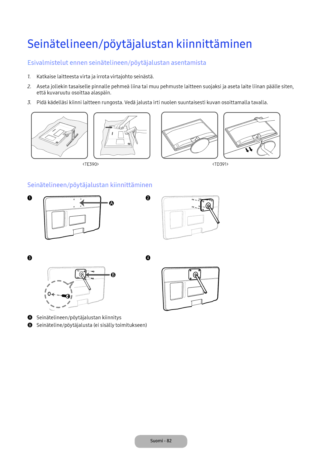 Samsung LT24E390EX/XE manual Seinätelineen/pöytäjalustan kiinnittäminen 