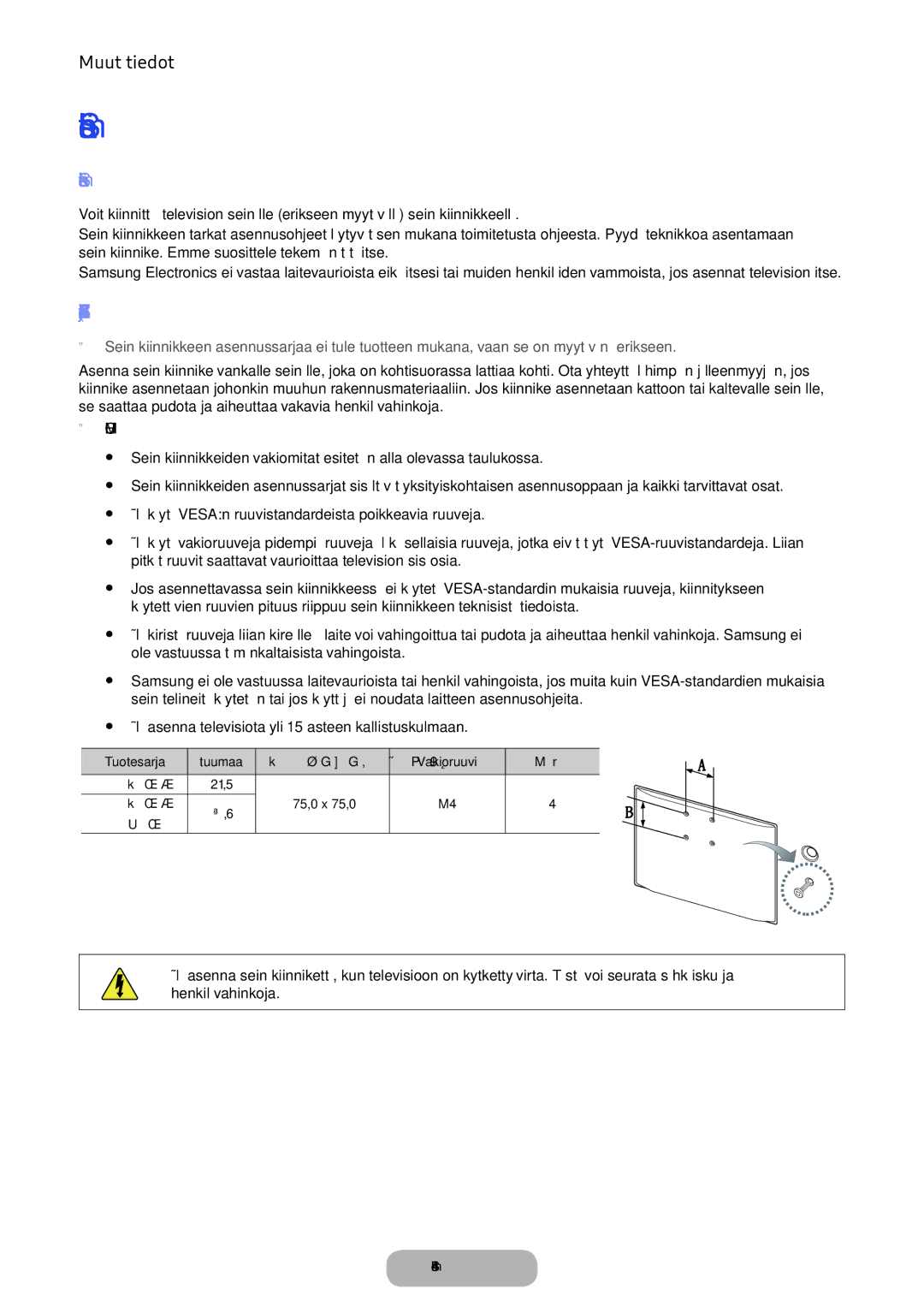 Samsung LT24E390EX/XE Seinätelineen asentaminen, Seinäkiinnikkeen asentaminen, Seinäkiinnikkeen asennussarjan tiedot Vesa 