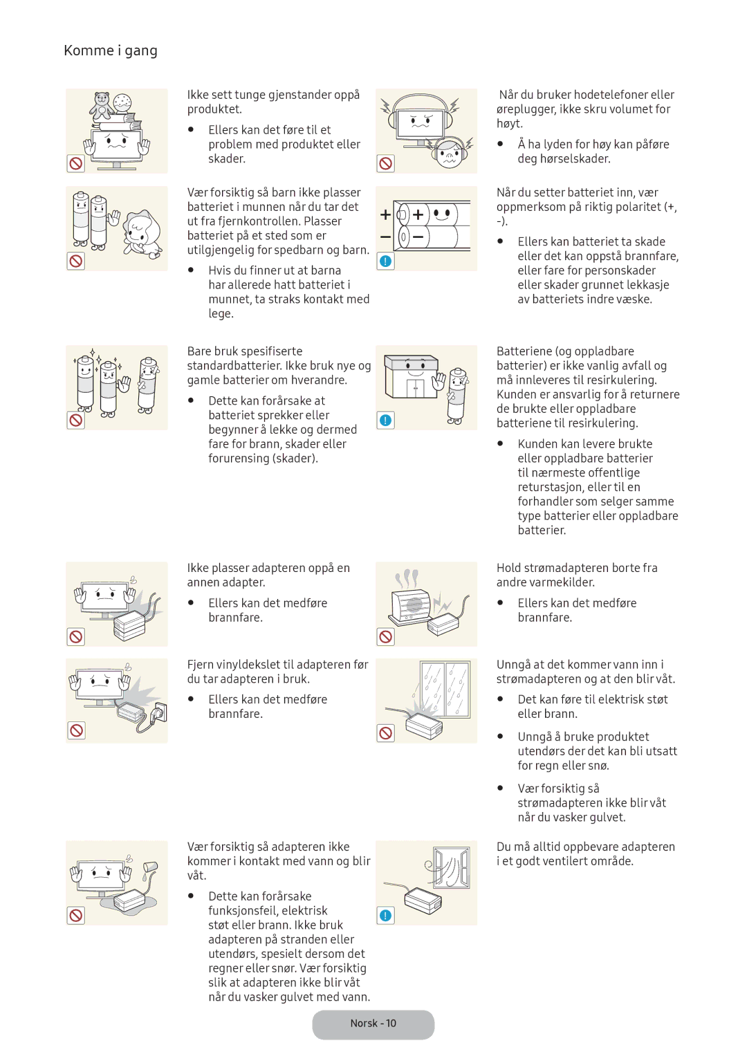 Samsung LT24E390EX/XE manual For regn eller snø, Vær forsiktig så, Strømadapteren ikke blir våt, Når du vasker gulvet 